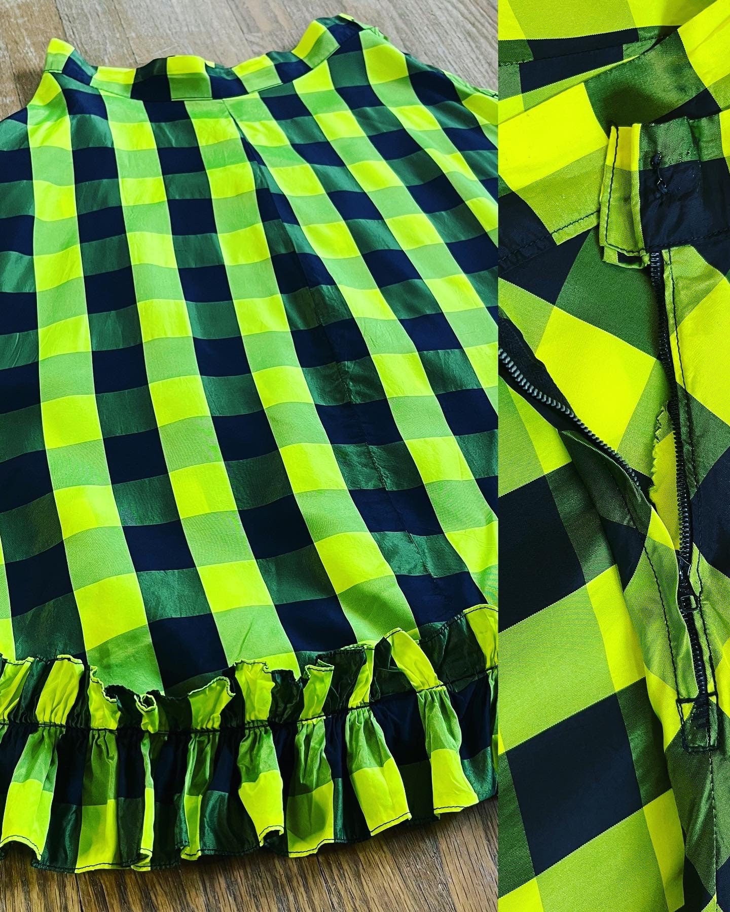 Vintage 30s 40s Highlighter Neon Yellow and Black Buffalo Plaid Silk Taffeta Skirt with Double Ruffle Hem - Image 10
