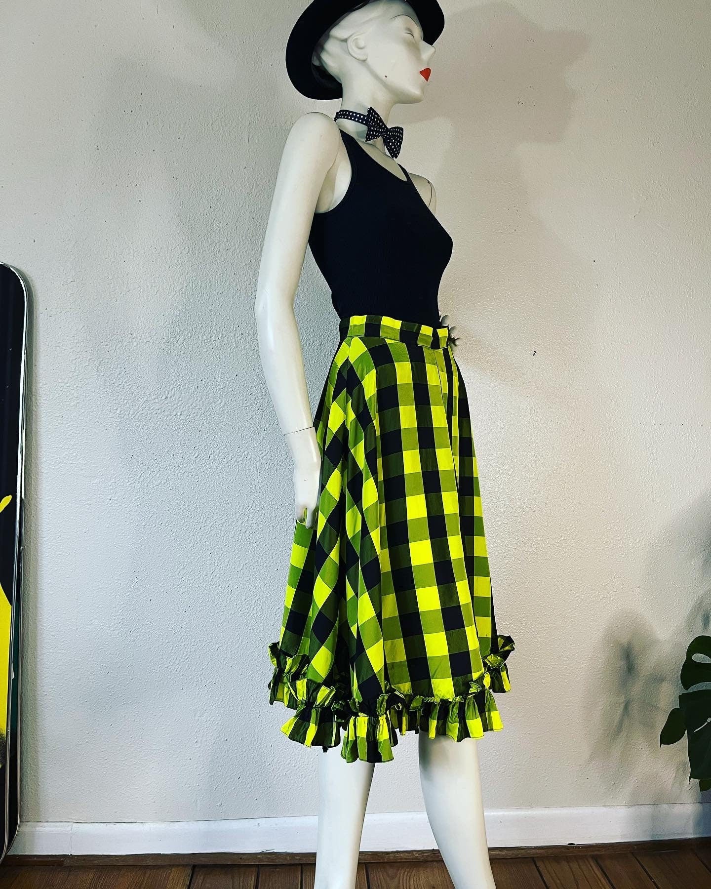 Vintage 30s 40s Highlighter Neon Yellow and Black Buffalo Plaid Silk Taffeta Skirt with Double Ruffle Hem - Image 3