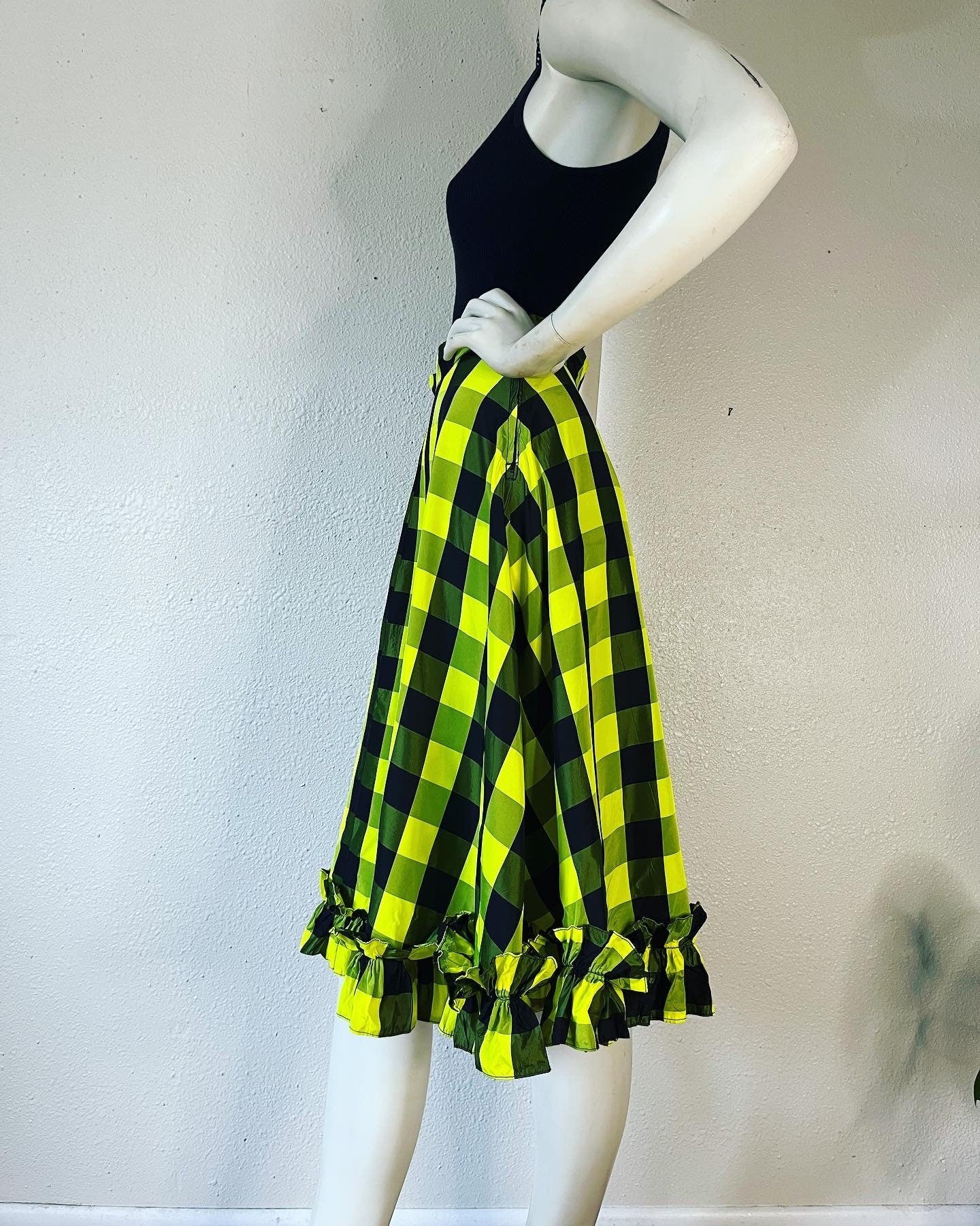 Vintage 30s 40s Highlighter Neon Yellow and Black Buffalo Plaid Silk Taffeta Skirt with Double Ruffle Hem - Image 7