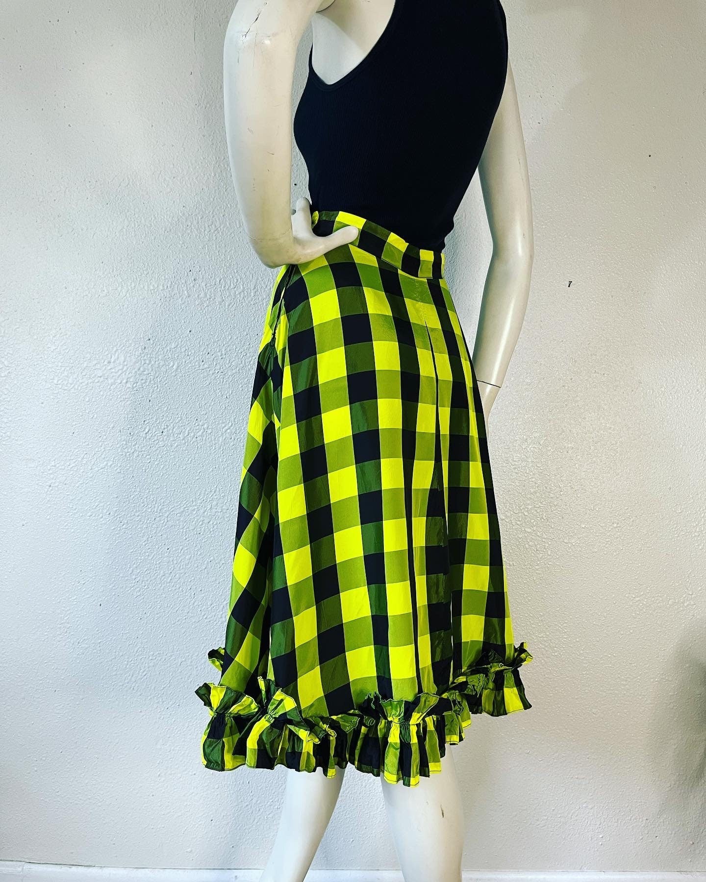 Vintage 30s 40s Highlighter Neon Yellow and Black Buffalo Plaid Silk Taffeta Skirt with Double Ruffle Hem - Image 8