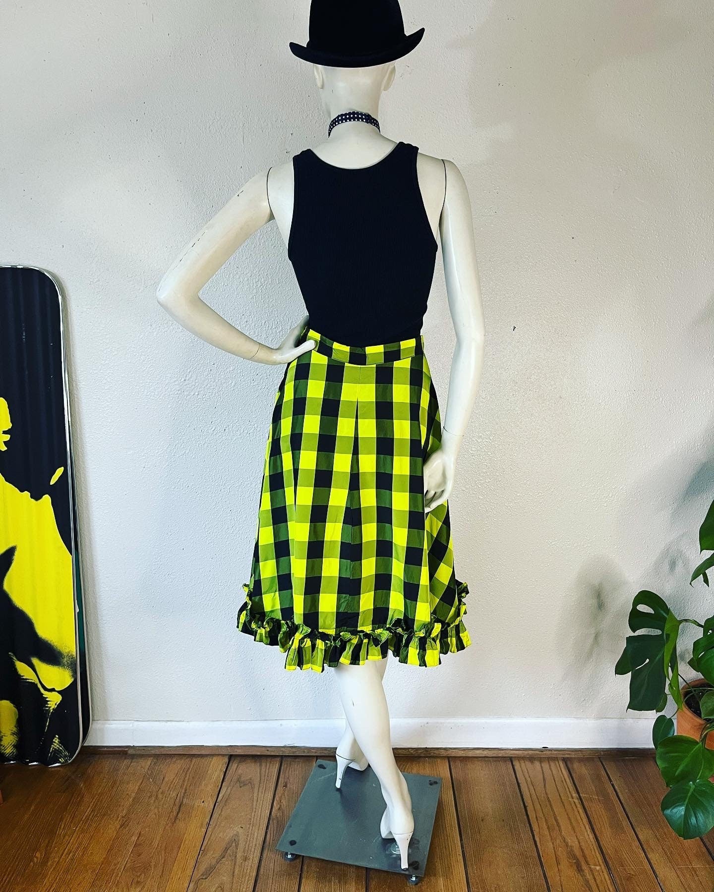 Vintage 30s 40s Highlighter Neon Yellow and Black Buffalo Plaid Silk Taffeta Skirt with Double Ruffle Hem - Image 9