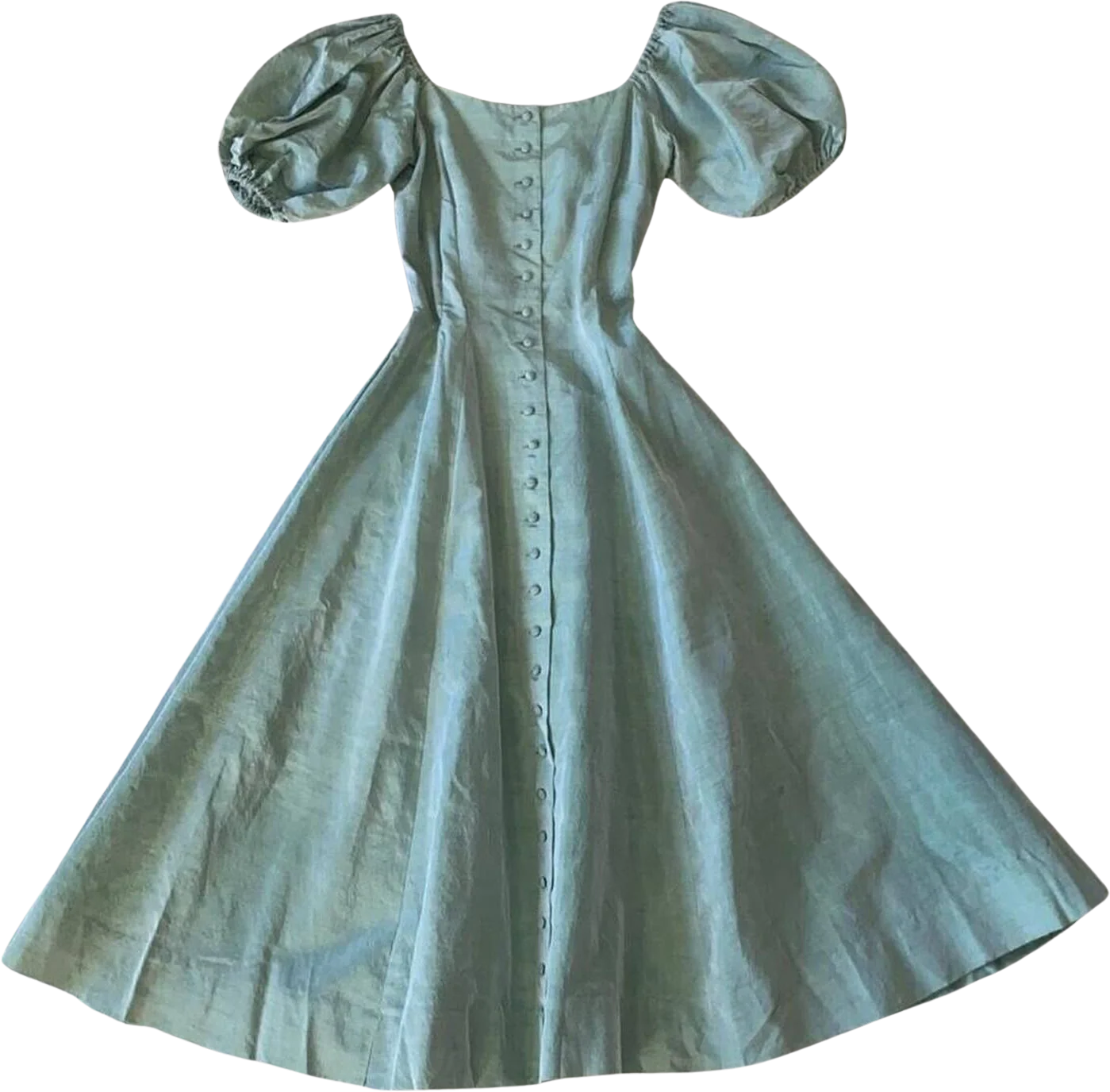 Vintage 30s 40s Mint Green Raw Silk Lamé Puff Sleeve Princess Seam Dress