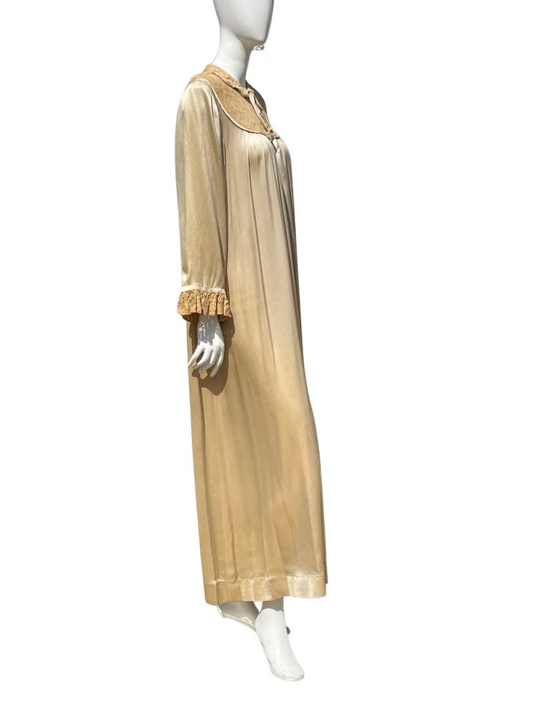 Vintage 30s Art Deco Robe Nightgown Dress Slip Lingerie Robe Silky Antique Lace Trim Maxi Nightgown - Image 3