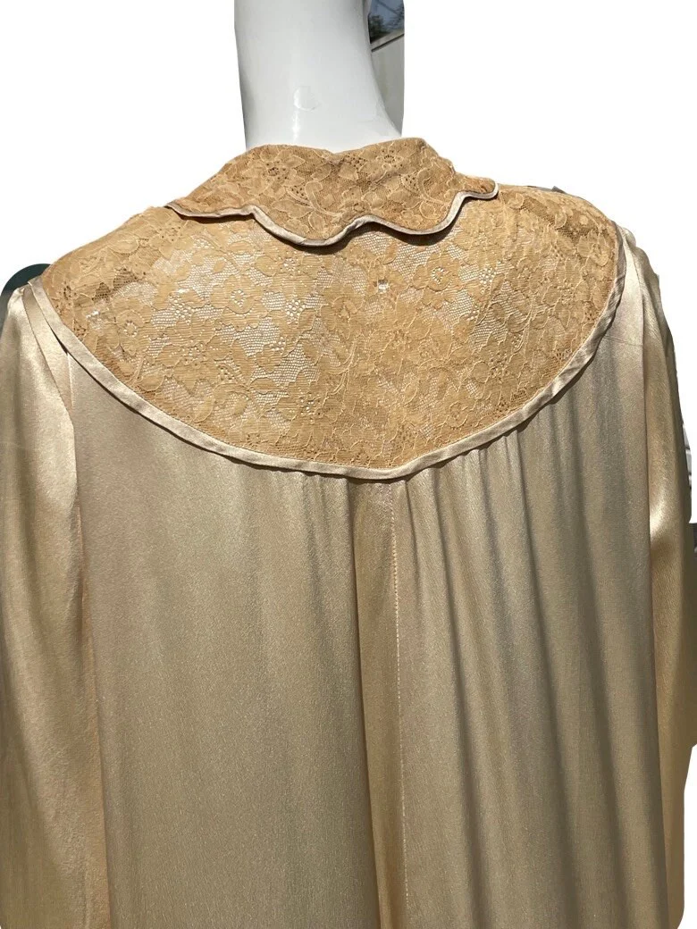 Vintage 30s Art Deco Robe Nightgown Dress Slip Lingerie Robe Silky Antique Lace Trim Maxi Nightgown - Image 4