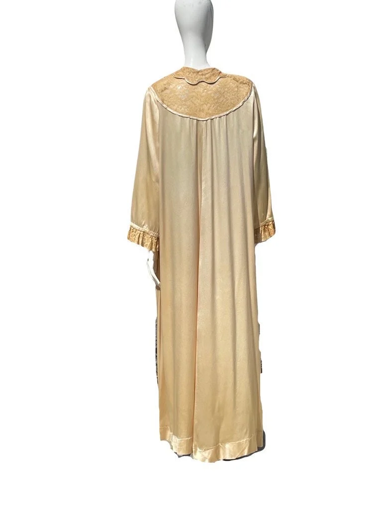 Vintage 30s Art Deco Robe Nightgown Dress Slip Lingerie Robe Silky Antique Lace Trim Maxi Nightgown - Image 5