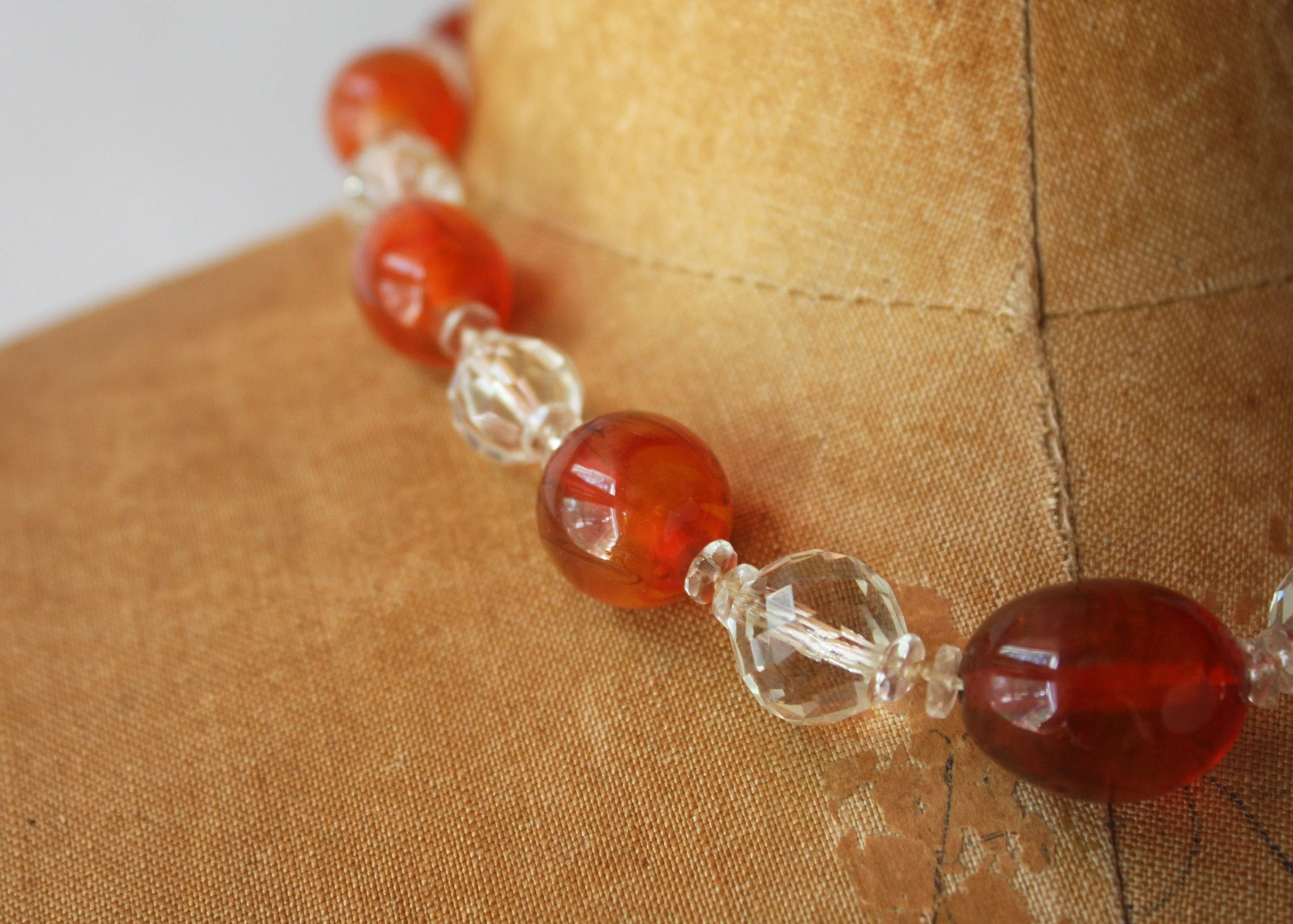 Vintage 30s Beaded Art Deco Necklace with Carnelian and Crystal Glass Beads and Sterling Clasp In Choker Length - Image 3