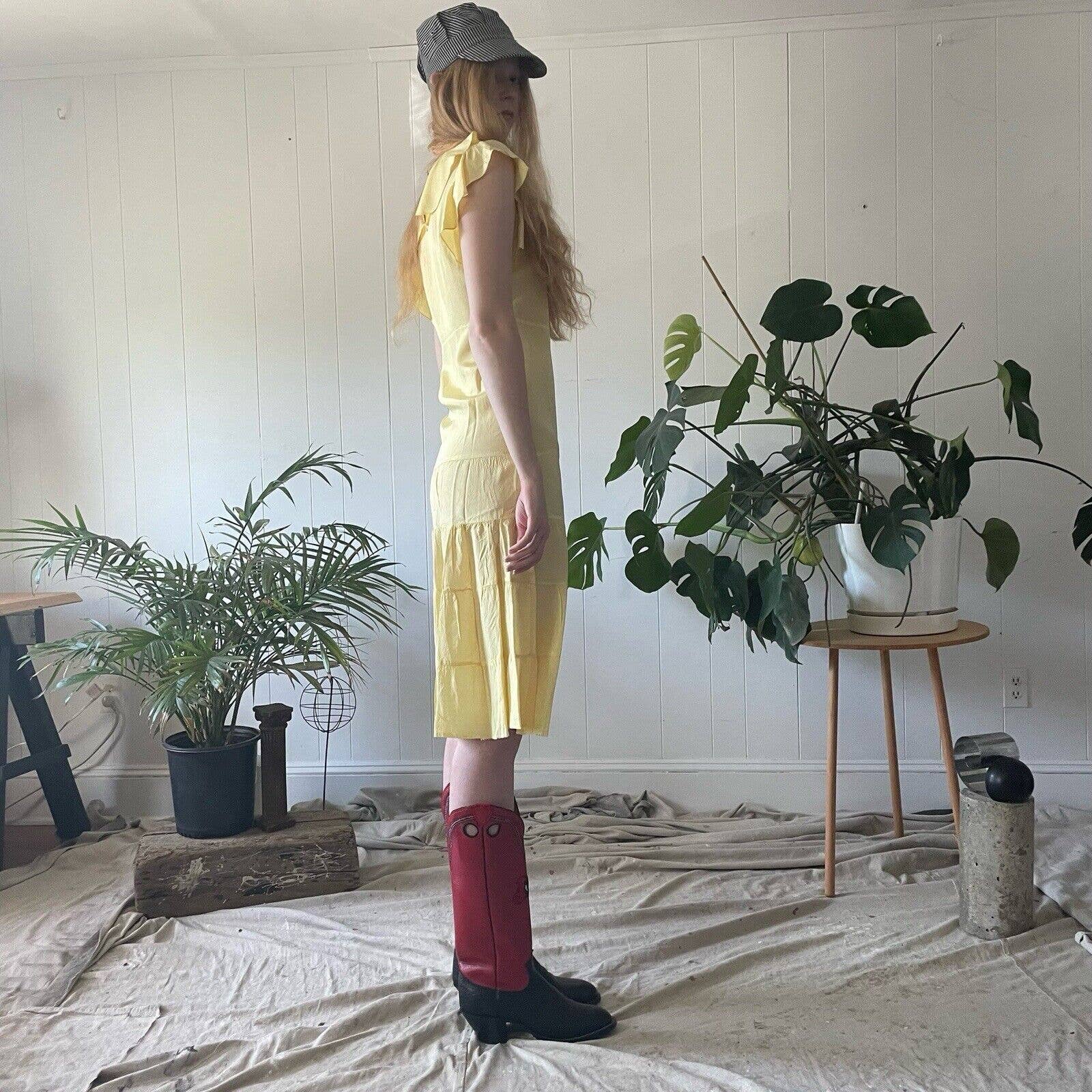 Vintage 30s Yellow Silk Taffeta Flutter Sleeve Collared Midi Dress Tiered Skirt - Image 10