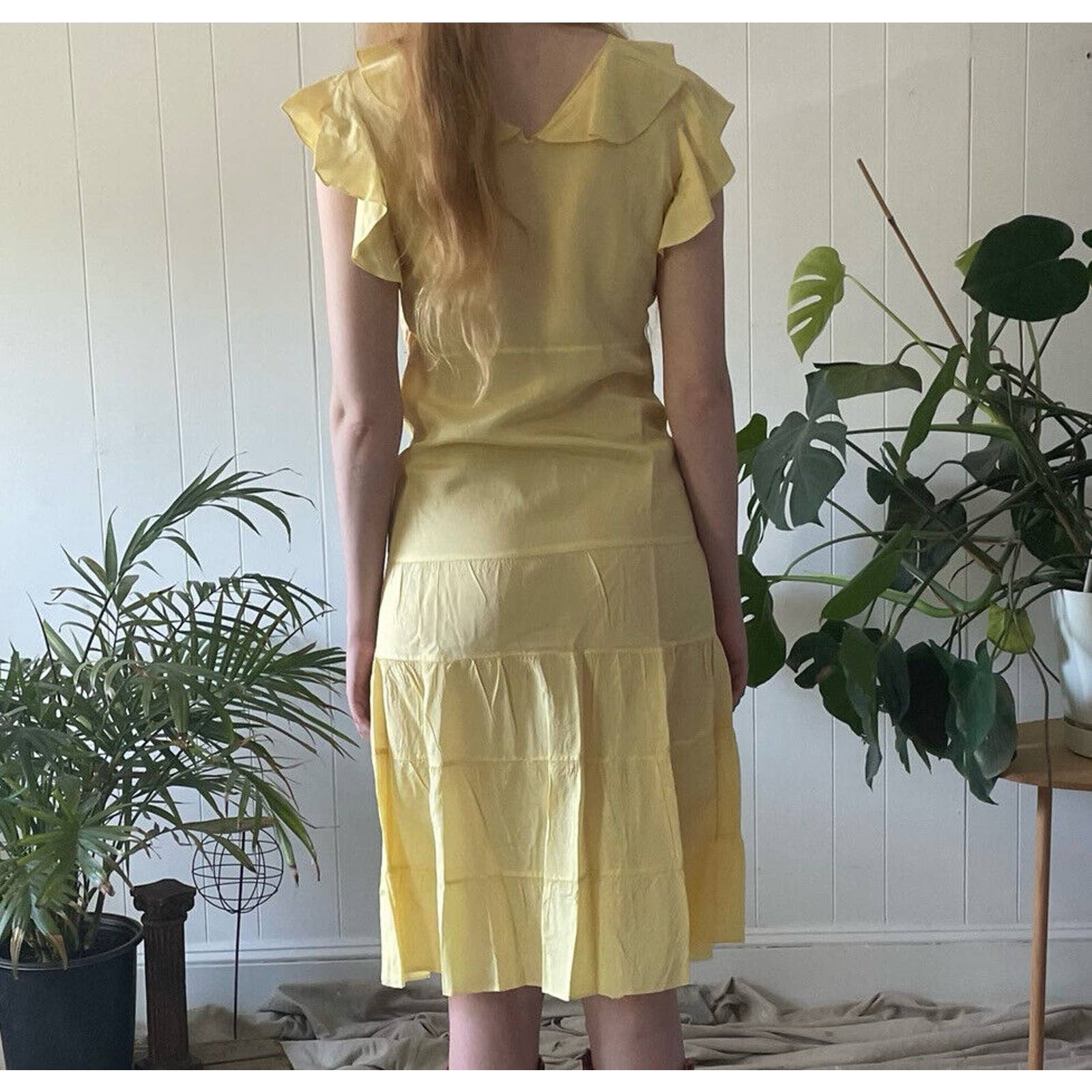 Vintage 30s Yellow Silk Taffeta Flutter Sleeve Collared Midi Dress Tiered Skirt - Image 2
