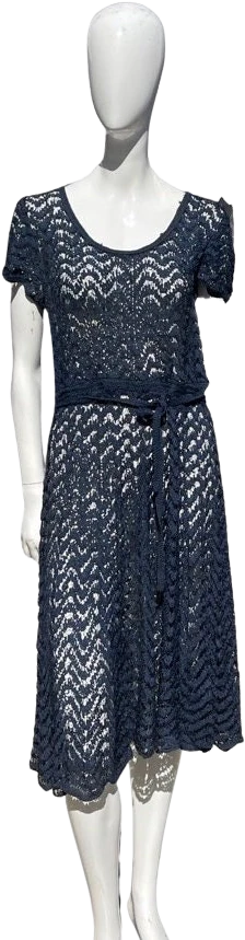 Vintage 40-50s Ribbon Knitted Blue Dress Sheer Size 8 Craft Hand Made