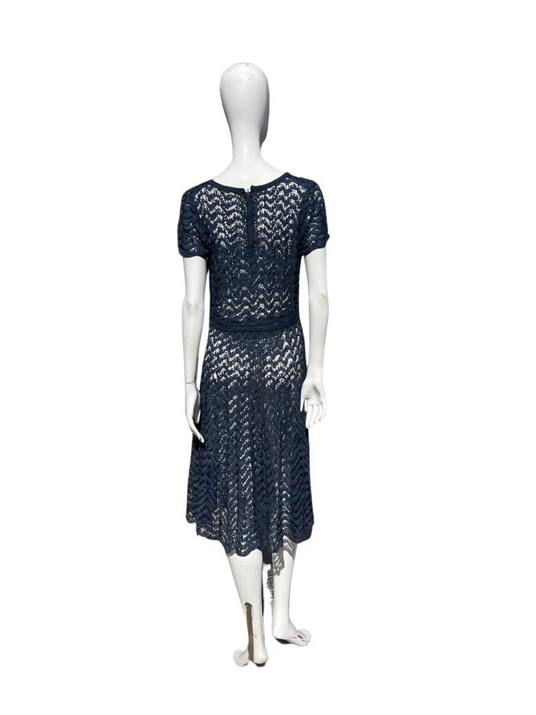Vintage 40-50s Ribbon Knitted Blue Dress Sheer Size 8 Craft Hand Made - Image 2