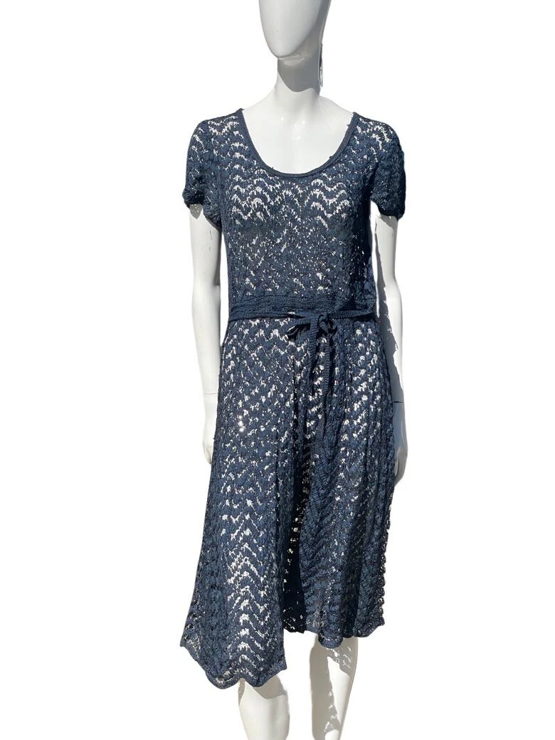 Vintage 40-50s Ribbon Knitted Blue Dress Sheer Size 8 Craft Hand Made - Image 6