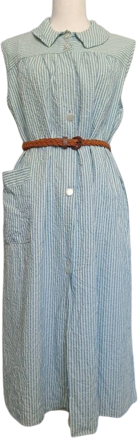 40s/50s Blue And White Striped Seersucker House Dress