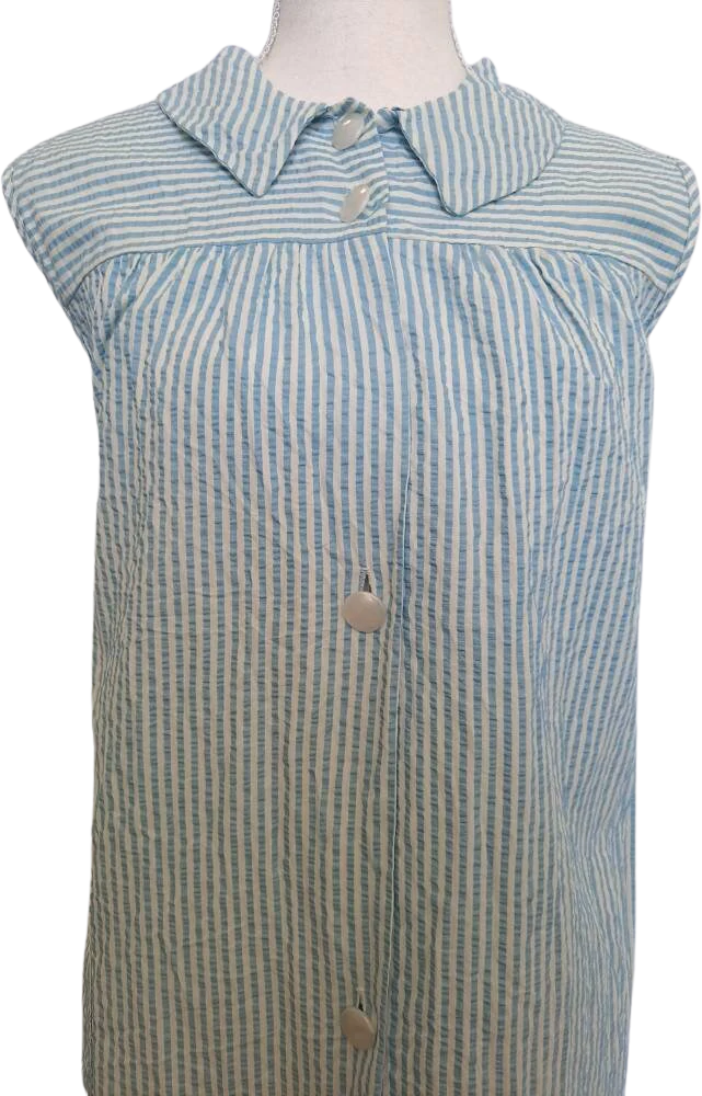 40s/50s Blue And White Striped Seersucker House Dress - Image 4