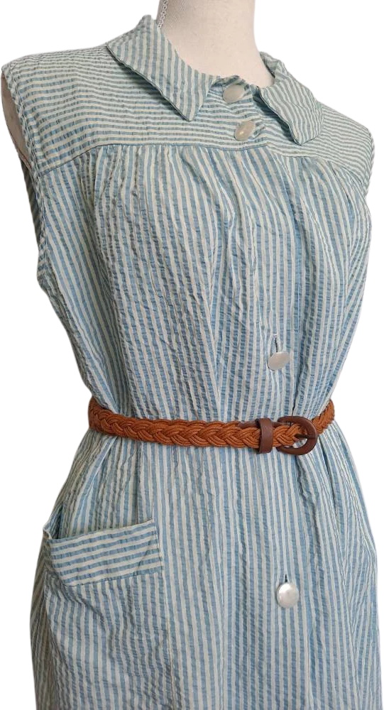 40s/50s Blue And White Striped Seersucker House Dress - Image 6