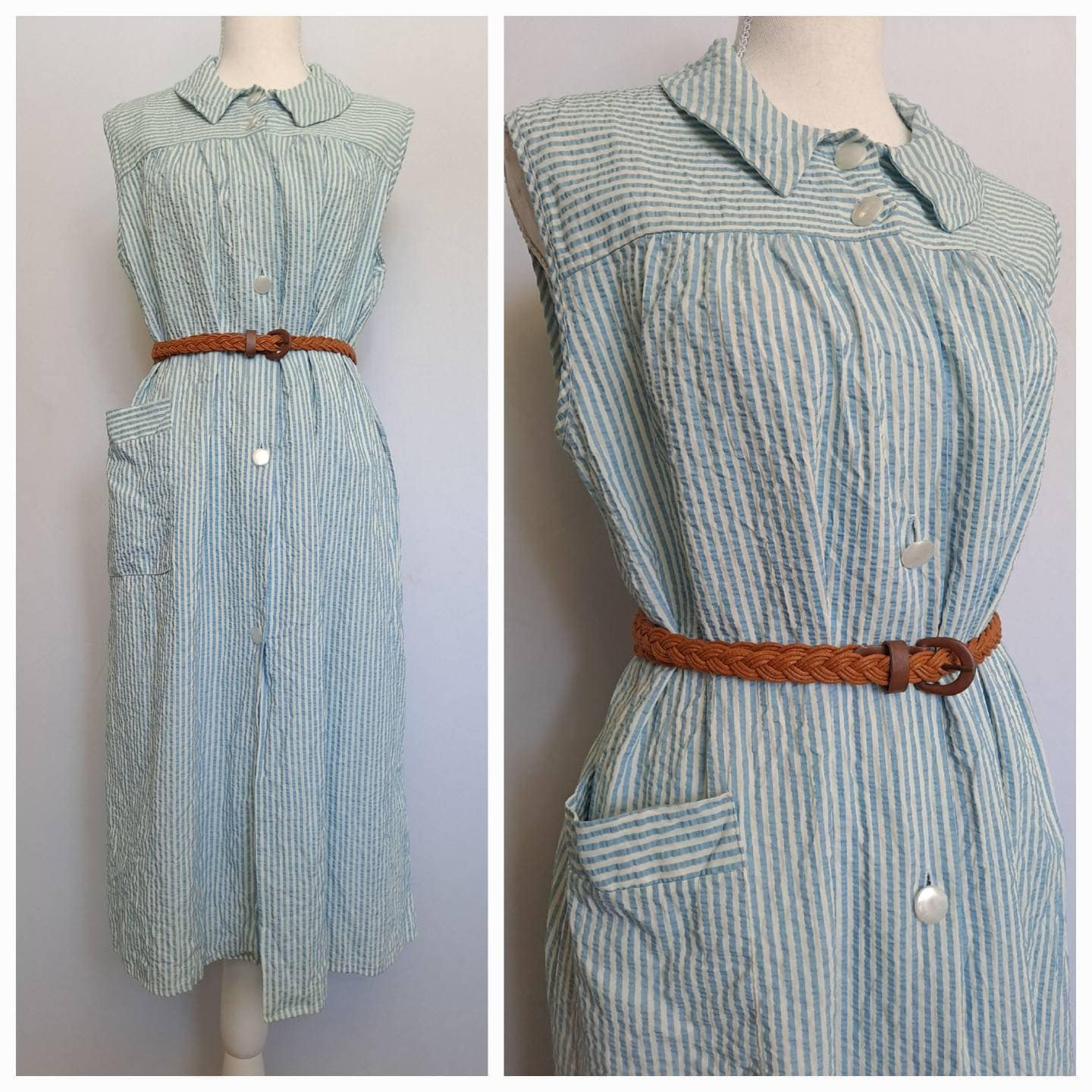 40s/50s Blue And White Striped Seersucker House Dress - Image 9