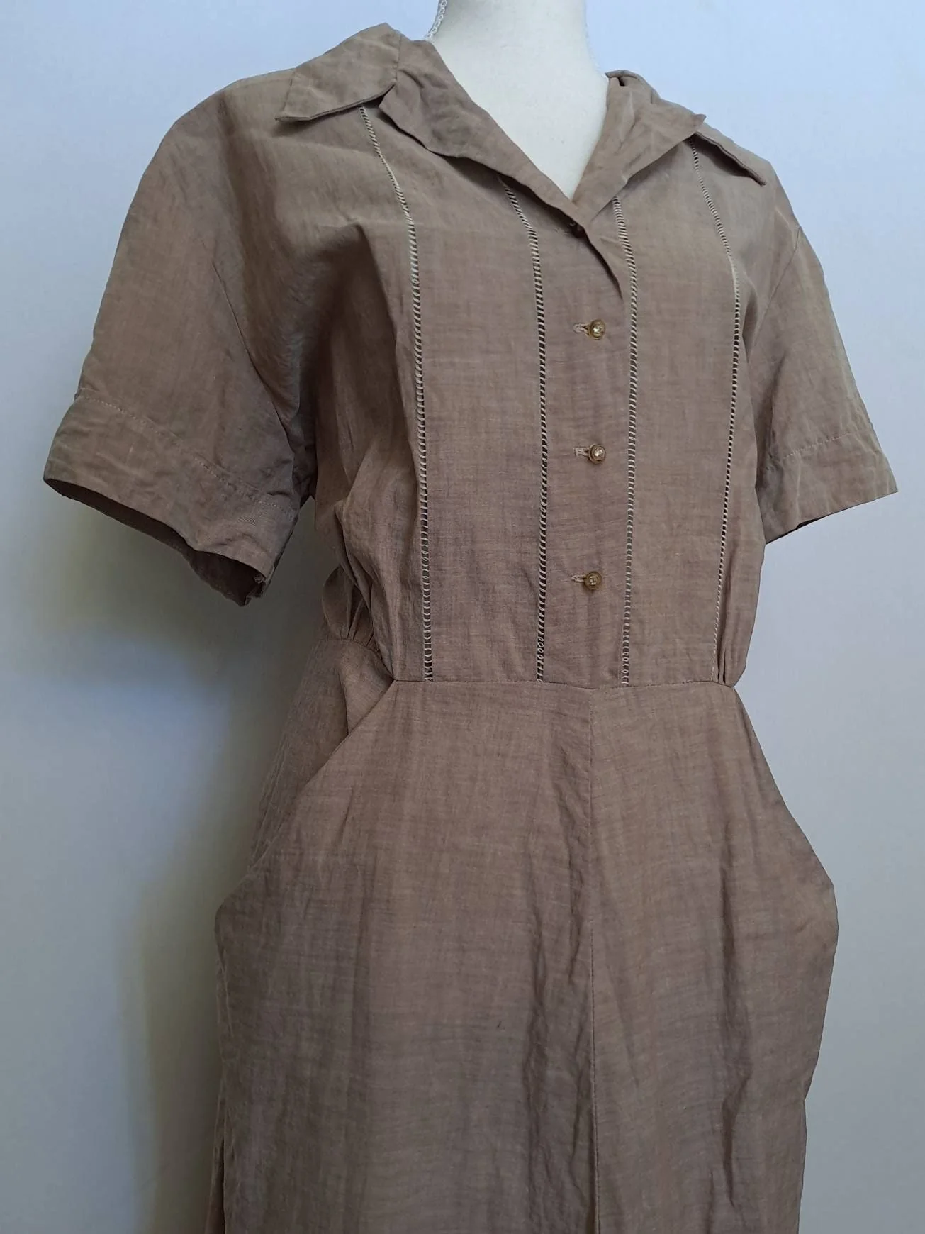 40s/50s Taupe Light Brown Short Sleeve Dress Nos By Cotton Town - Image 3