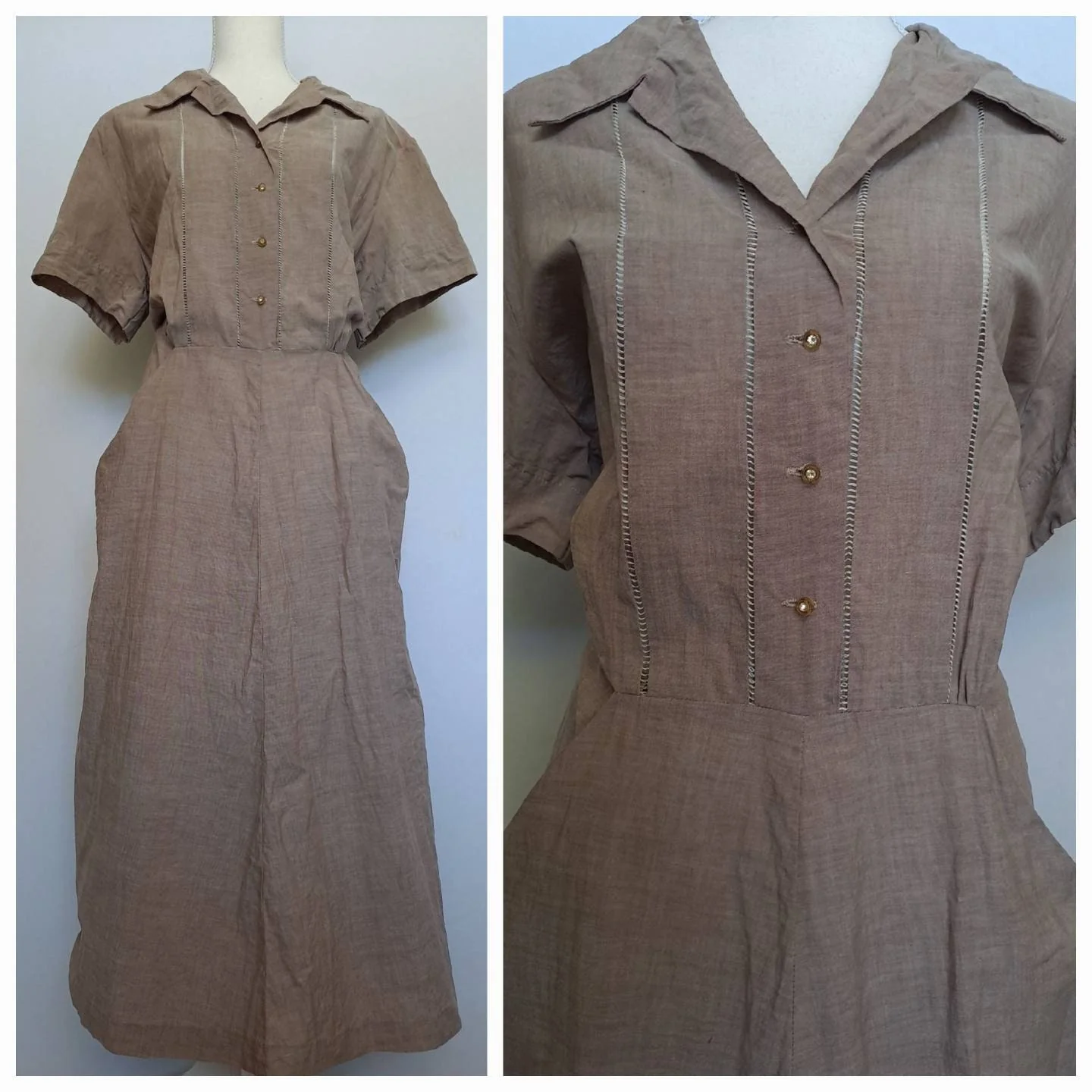 40s/50s Taupe Light Brown Short Sleeve Dress Nos By Cotton Town - Image 4