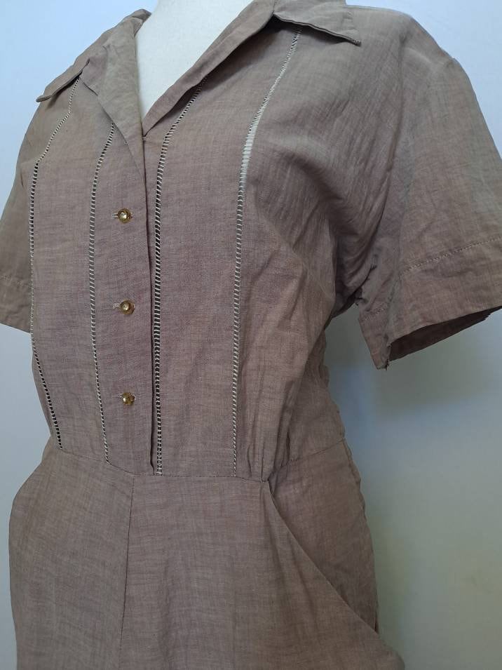 40s/50s Taupe Light Brown Short Sleeve Dress Nos By Cotton Town - Image 5