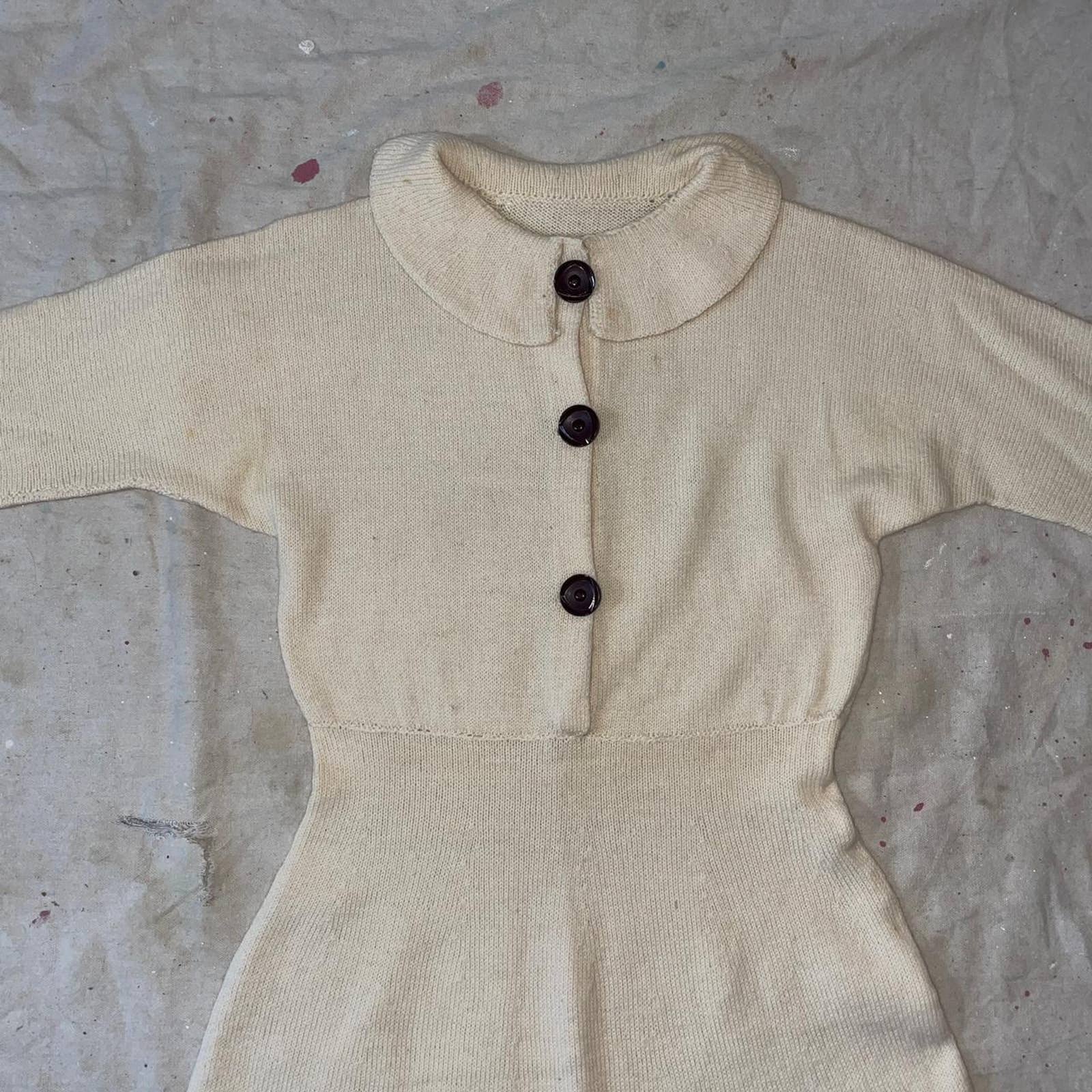 Vintage 40s 50s Cream Knit Dress - Image 2
