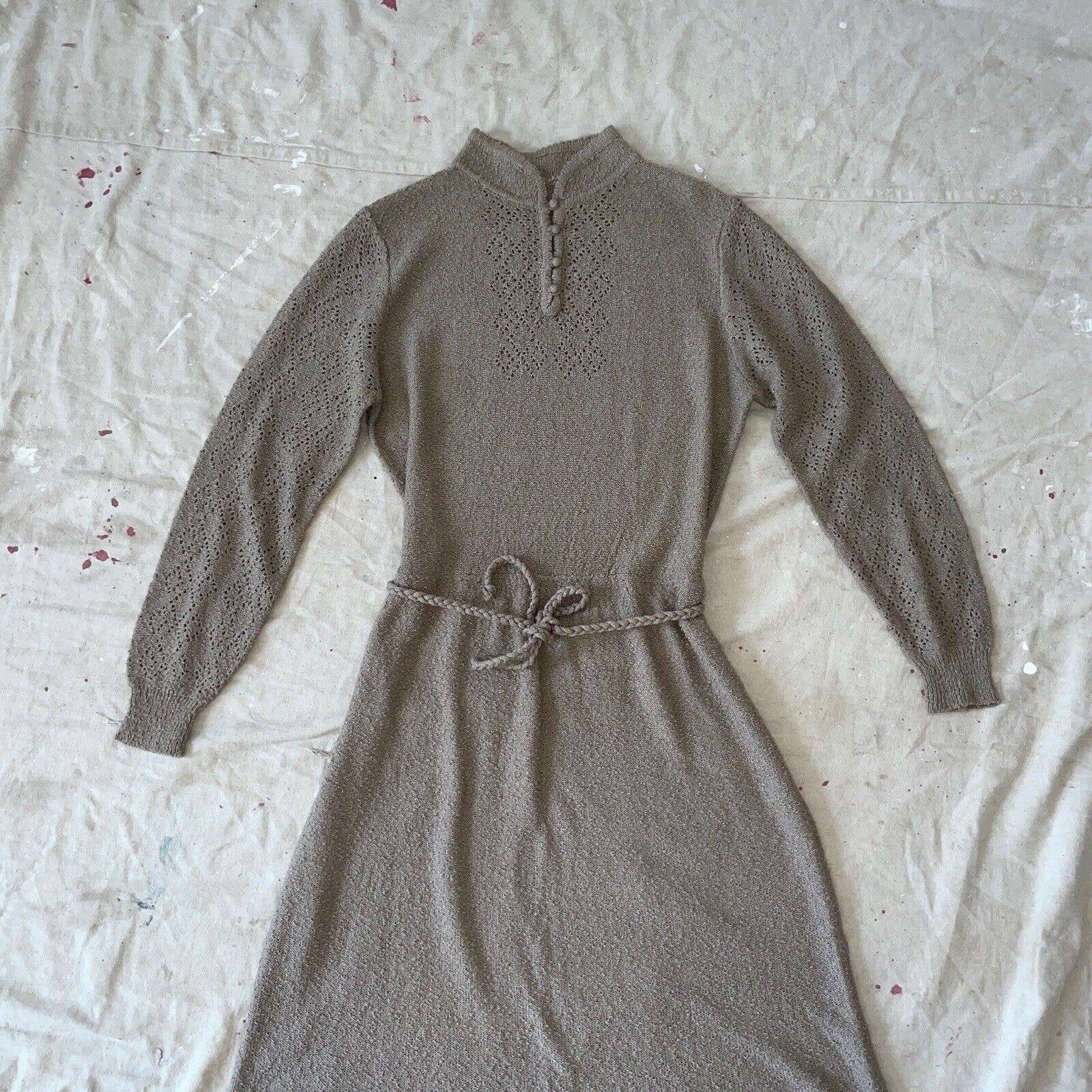 Vintage 40s 50s Taupe Knit Dress Long Sleeves Mockneck Rose Buttons Midi by True - Image 3