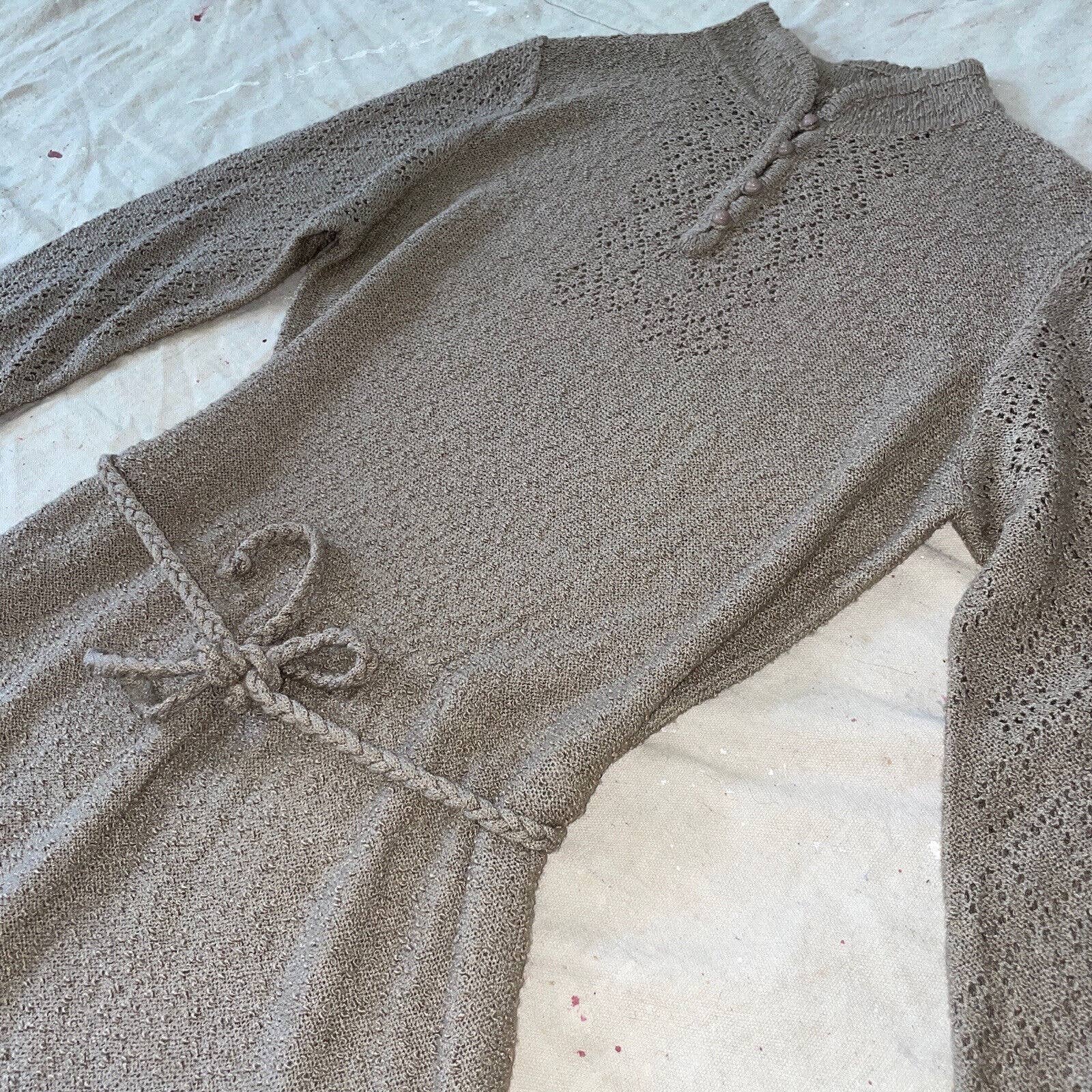 Vintage 40s 50s Taupe Knit Dress Long Sleeves Mockneck Rose Buttons Midi by True - Image 5