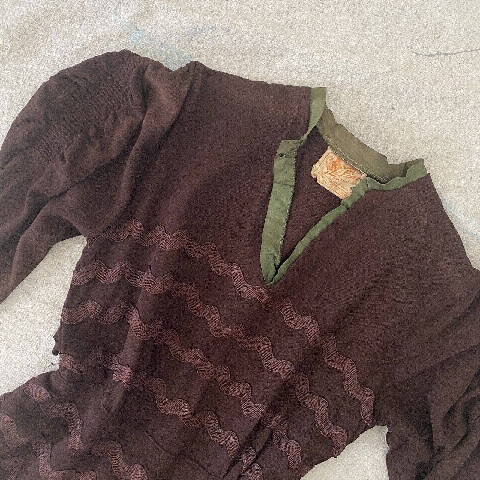 Vintage 40s Brown Rayon Crepe Mutton Skeeve Day Dress Peplum Soutache by LePine - Image 4