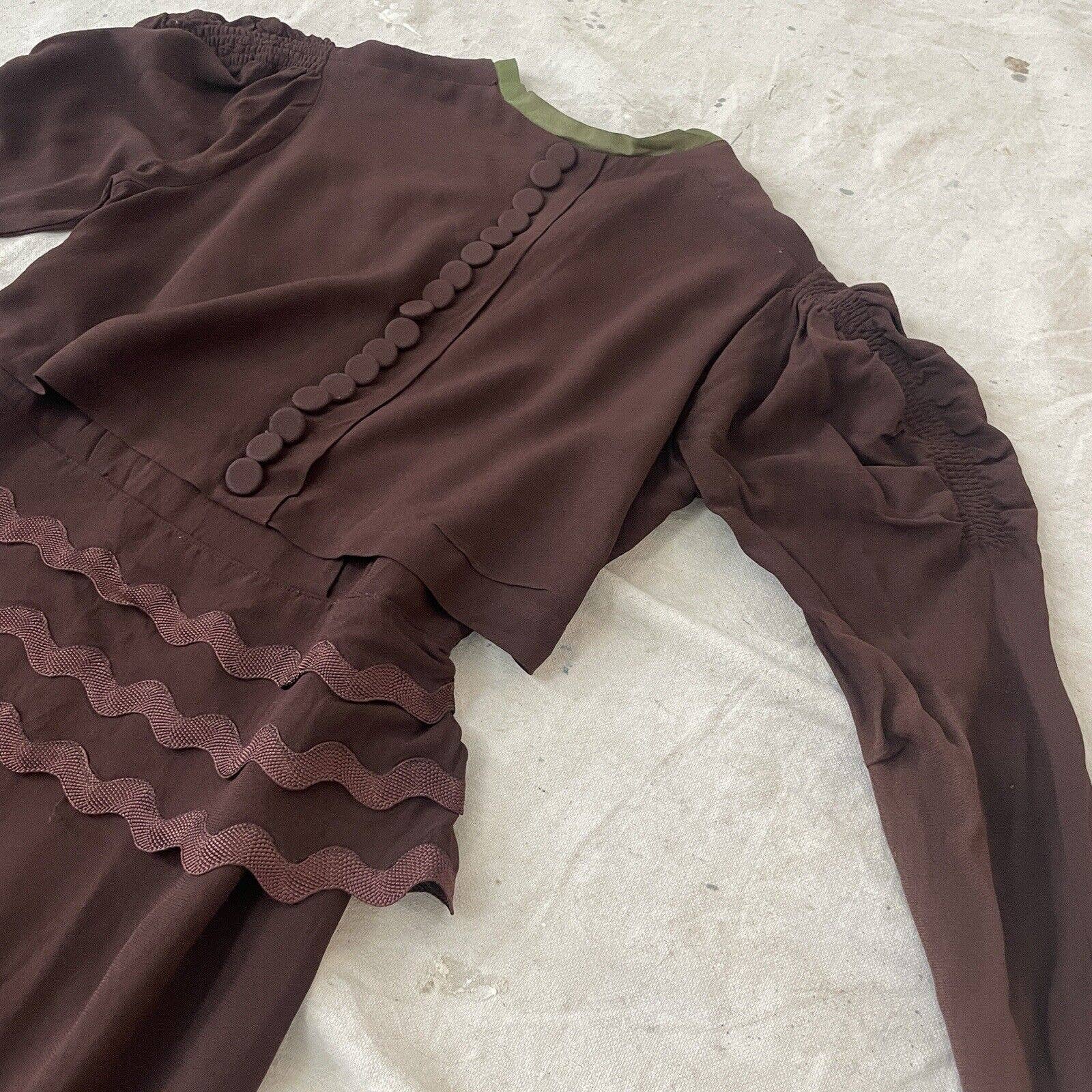 Vintage 40s Brown Rayon Crepe Mutton Skeeve Day Dress Peplum Soutache by LePine - Image 6