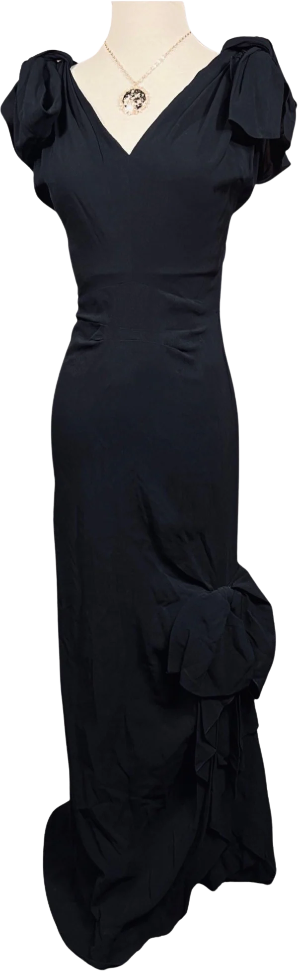 Vintage 40s Designer Bow Accent Black Maxi Dress
