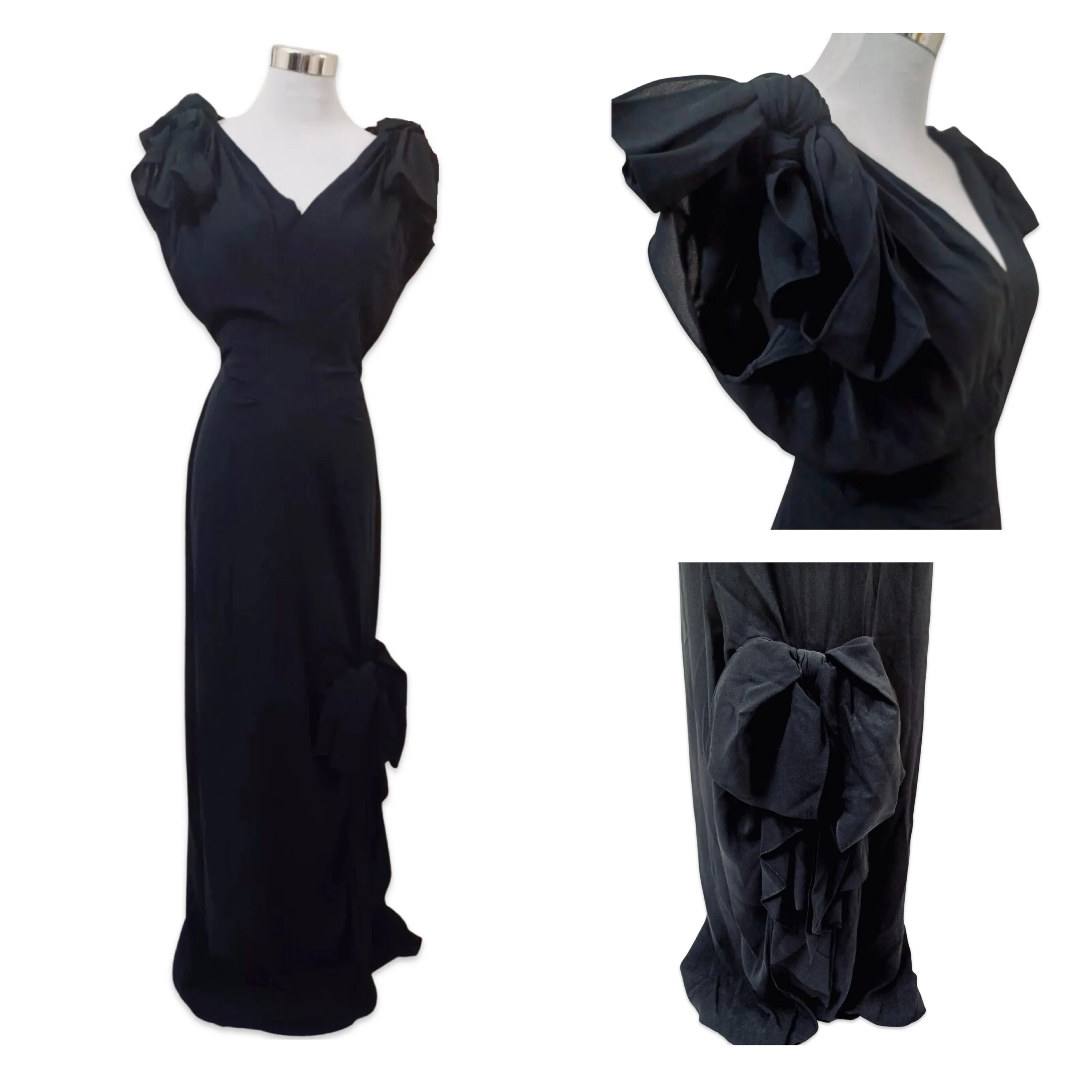 Vintage 40s Designer Bow Accent Black Maxi Dress - Image 8