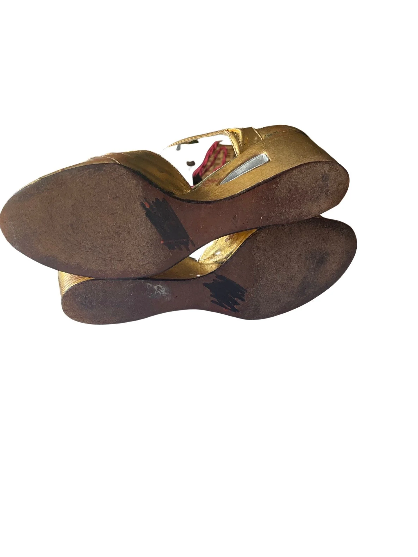 Vintage 40s Gold Leather Wedges Shoes Sandals Size 7 N Rockabilly Swing Wwii 40s Art Deco Shoes - Image 2