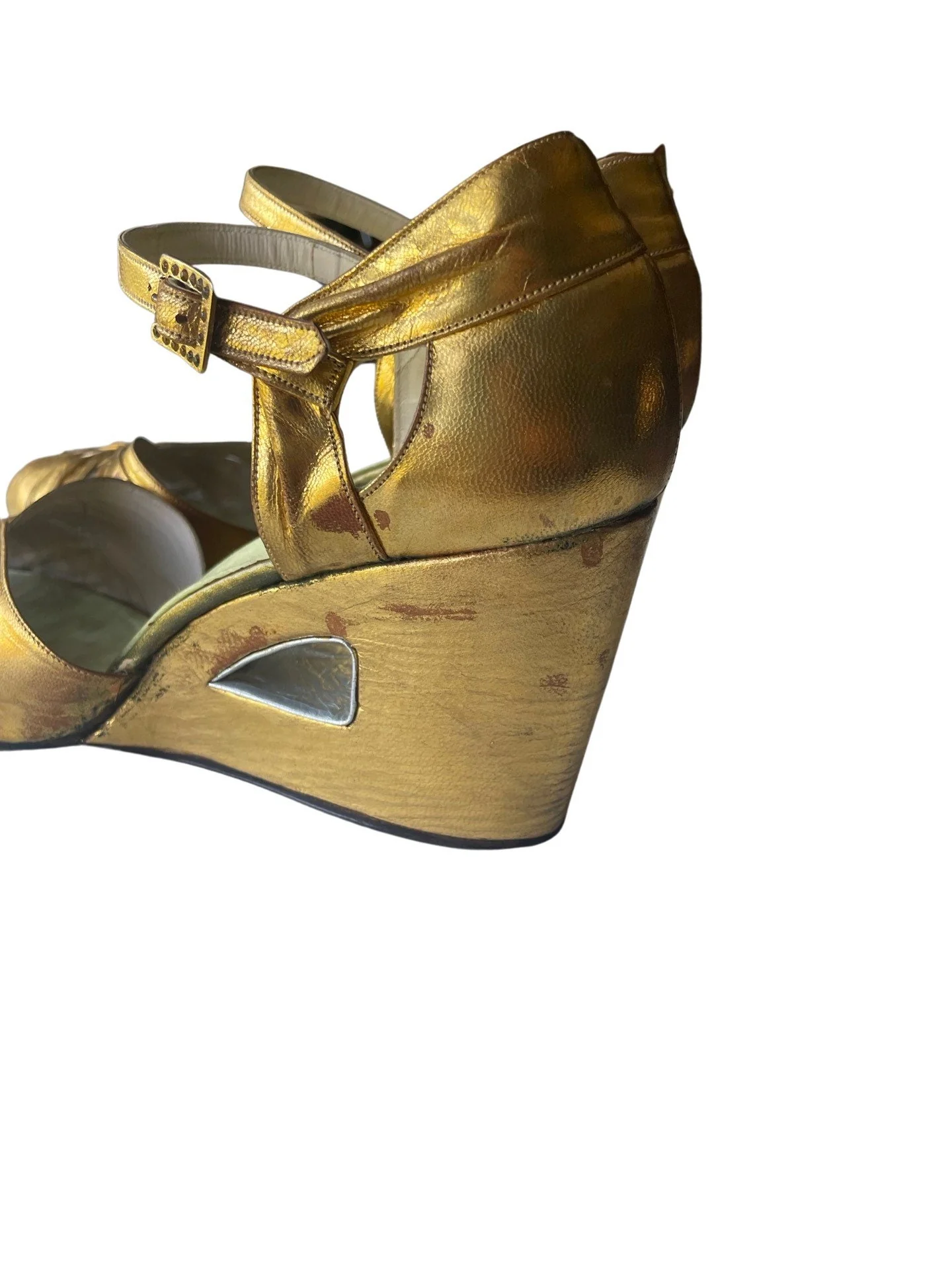 Vintage 40s Gold Leather Wedges Shoes Sandals Size 7 N Rockabilly Swing Wwii 40s Art Deco Shoes - Image 3