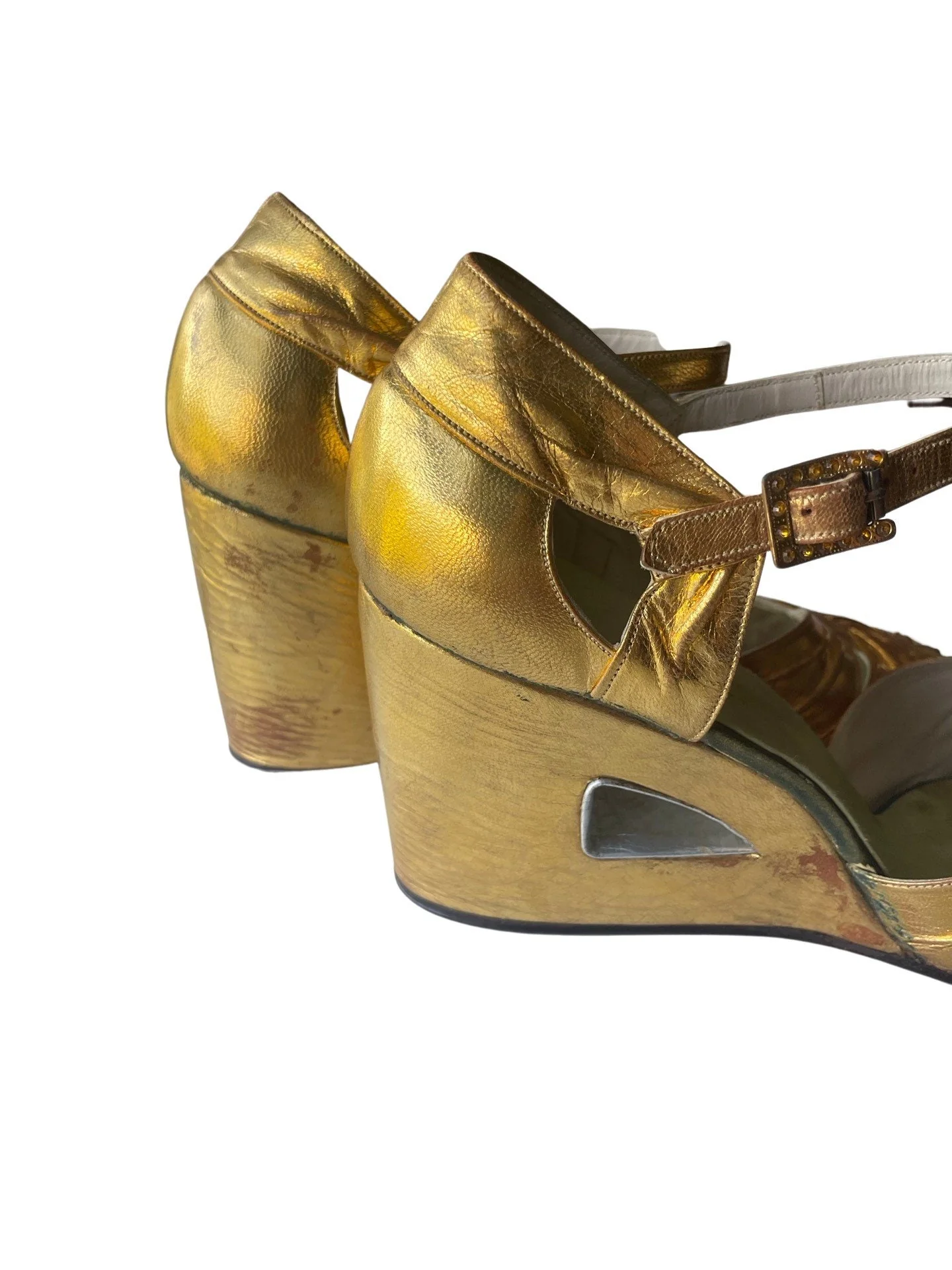 Vintage 40s Gold Leather Wedges Shoes Sandals Size 7 N Rockabilly Swing Wwii 40s Art Deco Shoes - Image 5