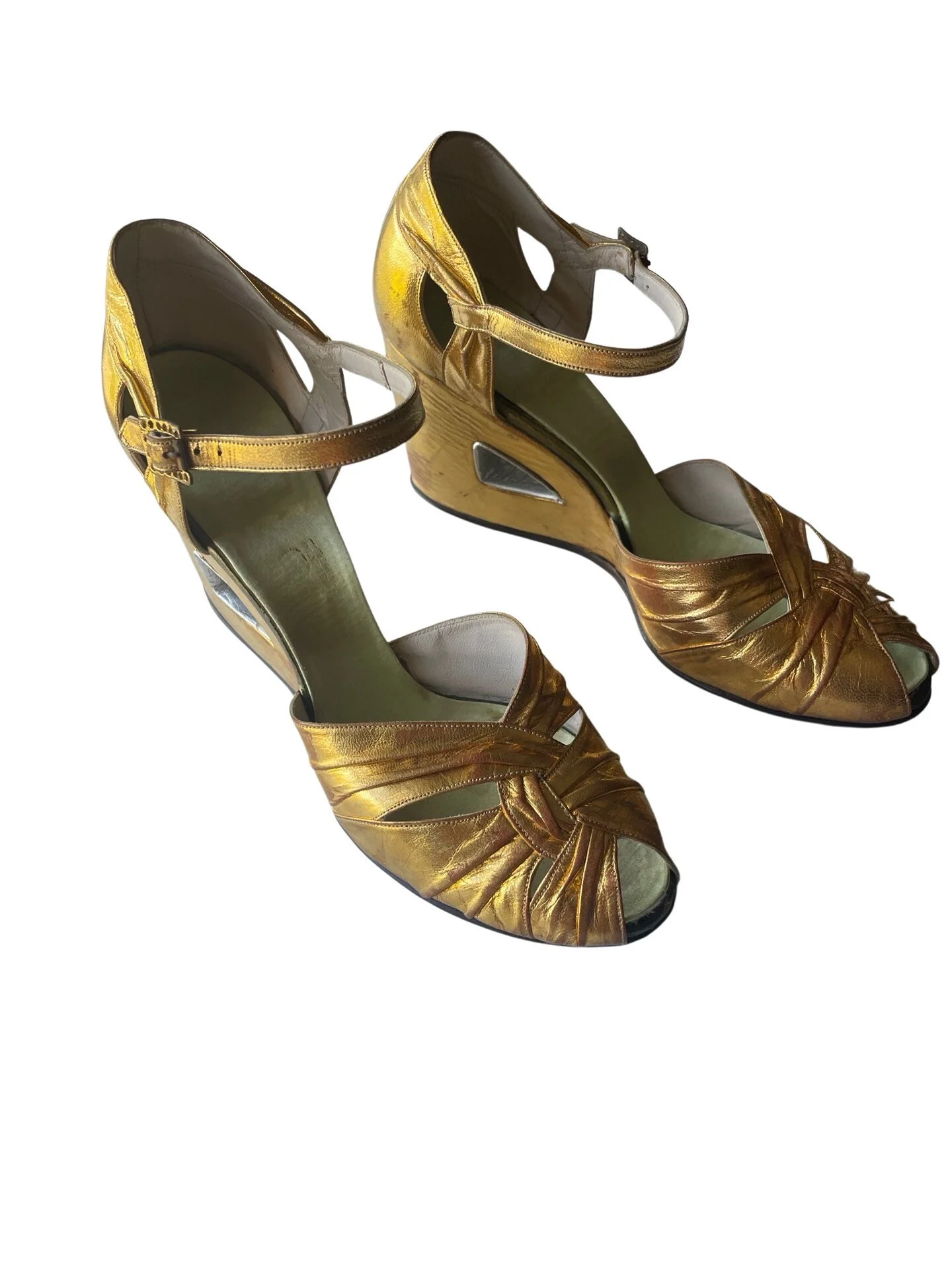 Vintage 40s Gold Leather Wedges Shoes Sandals Size 7 N Rockabilly Swing Wwii 40s Art Deco Shoes - Image 7