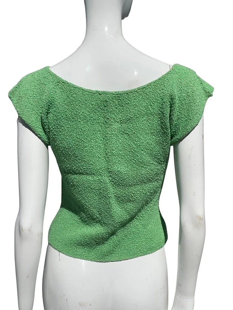 Vintage 40s Knitted Green and Gold Stretchy Pin Up Top Blouse Cropped Sexy Size Small To M Rockabilly Viva Vegas - Image 2