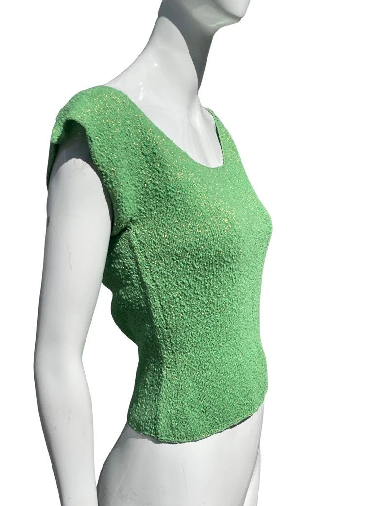 Vintage 40s Knitted Green and Gold Stretchy Pin Up Top Blouse Cropped Sexy Size Small To M Rockabilly Viva Vegas - Image 5