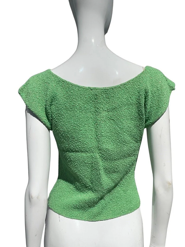 Vintage 40s Knitted Green and Gold Stretchy Pin Up Top Blouse Cropped Sexy Size Small To M Rockabilly Viva Vegas - Image 6