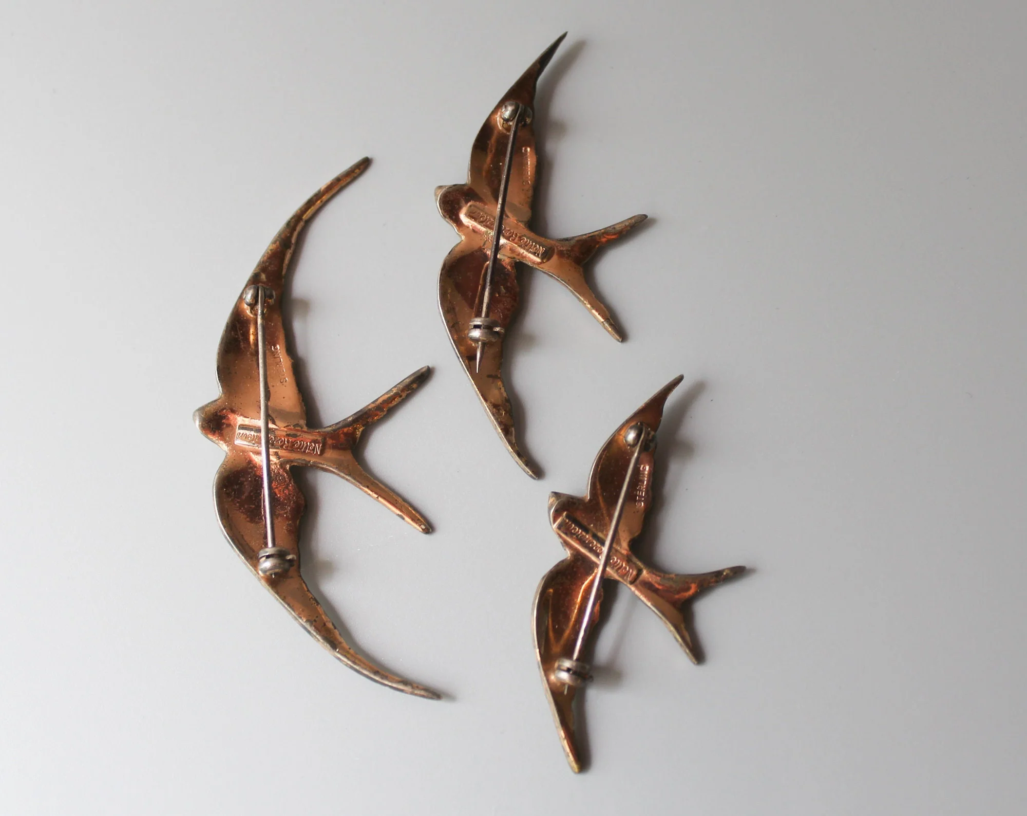 Vintage 40s Nettie Rosenstein Brooch 30s Sterling Swallow Brooch Set of 3 with Rhinestones - Image 5