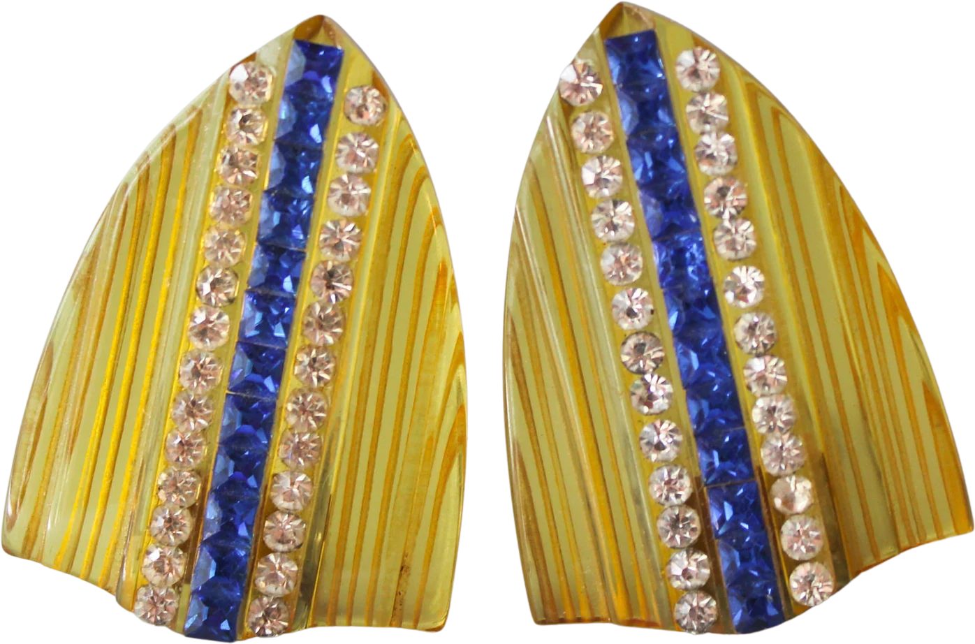 Vintage 40s Reverse Carved Apple Juice Bakelite Rhinestone Dress Clips Set of 2 Ww2 Era