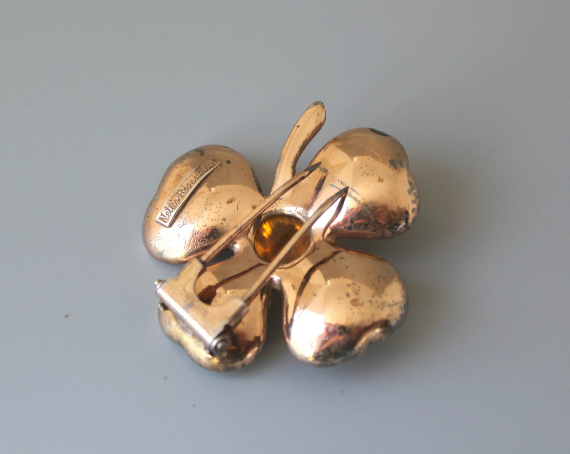 Vintage 40s Sterling Gold Plated Four Leaf Clover Nettie Rosenstein Fur Clip Brooch - Image 2