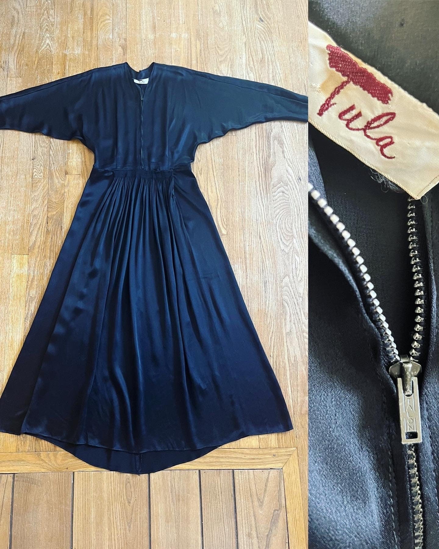 Vintage 40s Tula Black Liquid Satin Dressing Gown with Metal Talon Zip Front Dolman Sleeves and The Dreamiest Gathered Waistline - Image 10