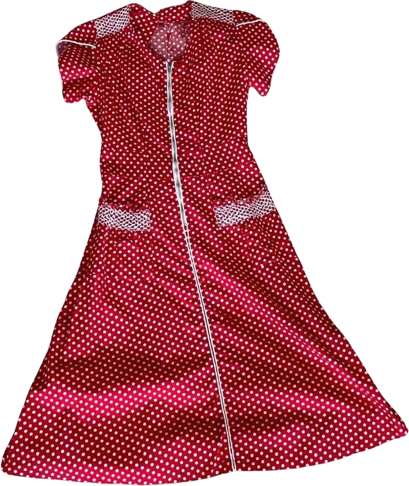 Vintage 40s Zip Front House Dress Puff Sleeve Cotton Polka Dot Midi Pockets by Cotton