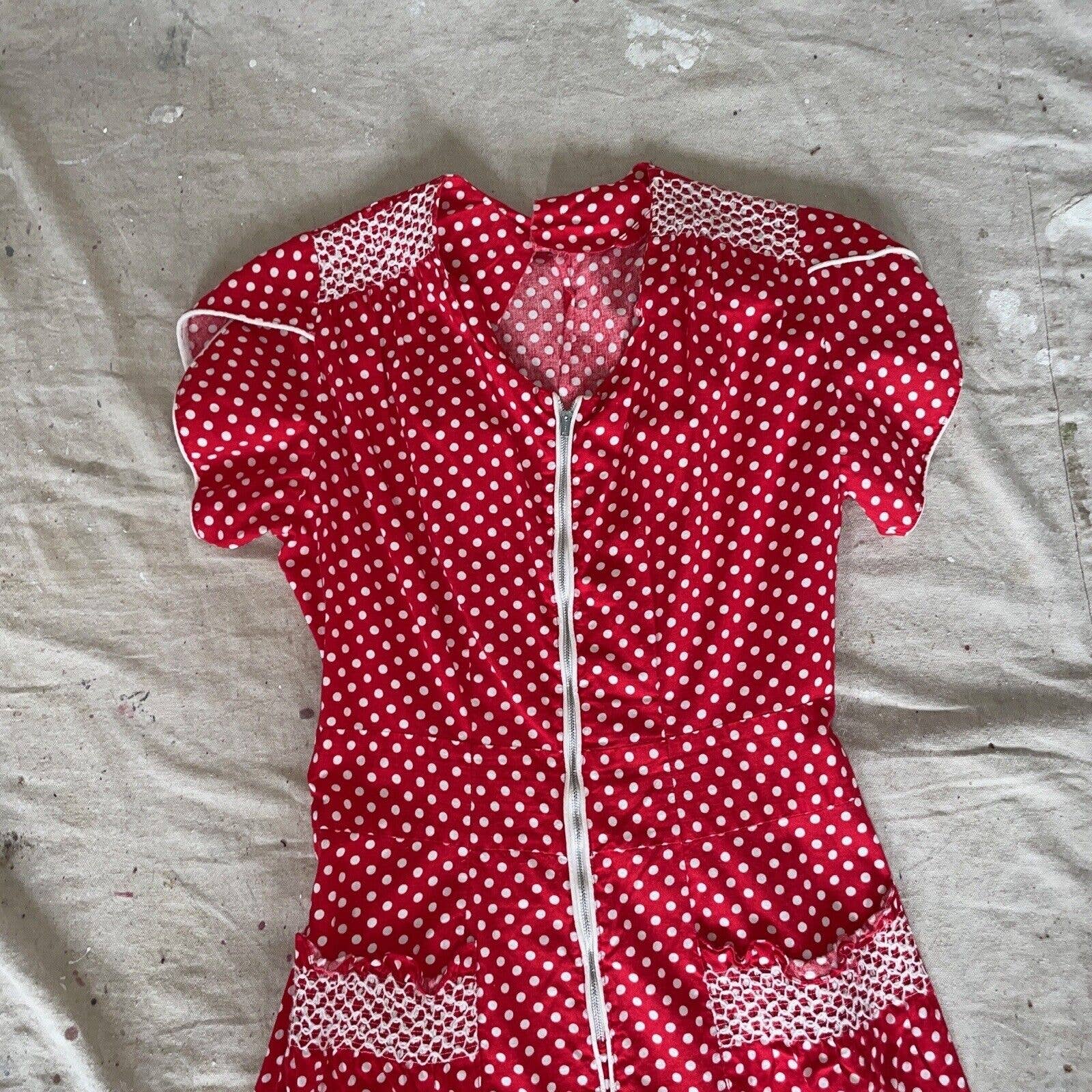 Vintage 40s Zip Front House Dress Puff Sleeve Cotton Polka Dot Midi Pockets by Cotton - Image 2
