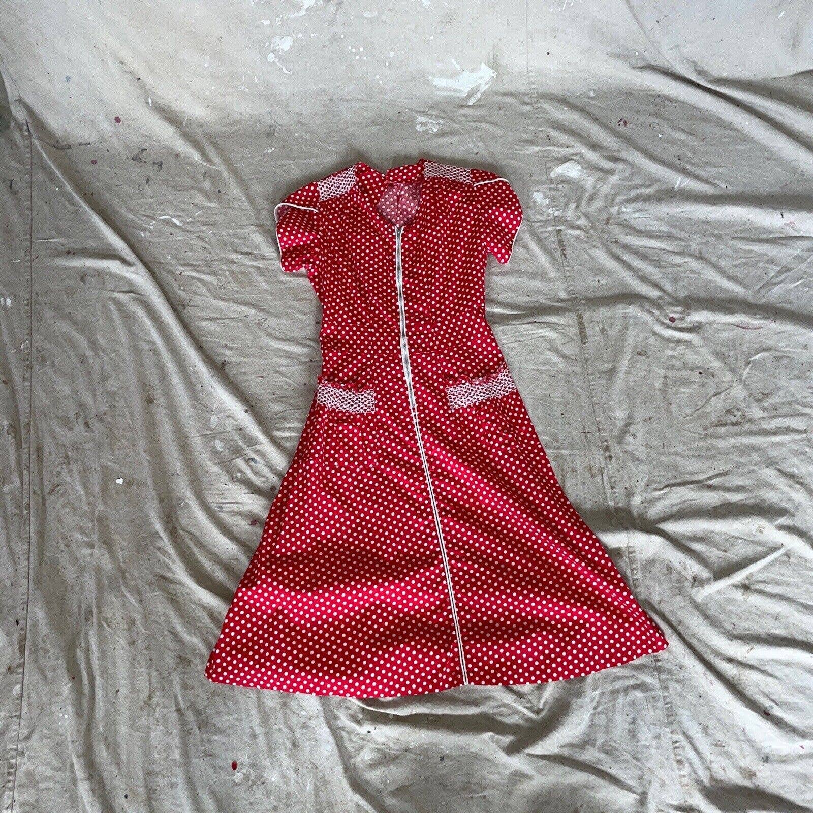 Vintage 40s Zip Front House Dress Puff Sleeve Cotton Polka Dot Midi Pockets by Cotton - Image 3
