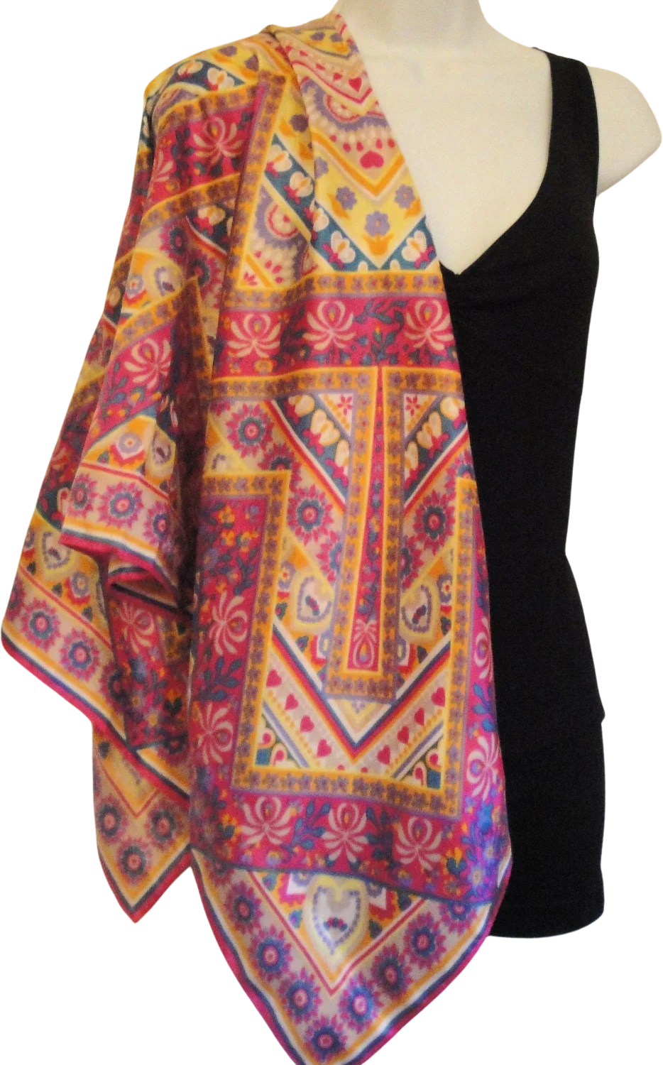 Vintage 43 Inch Square Scarf Floral Fantasy In Lively Pastels, Large Acetate Square, Rolled and Hemmed Edges, Made In Japan, Bonus Brooch