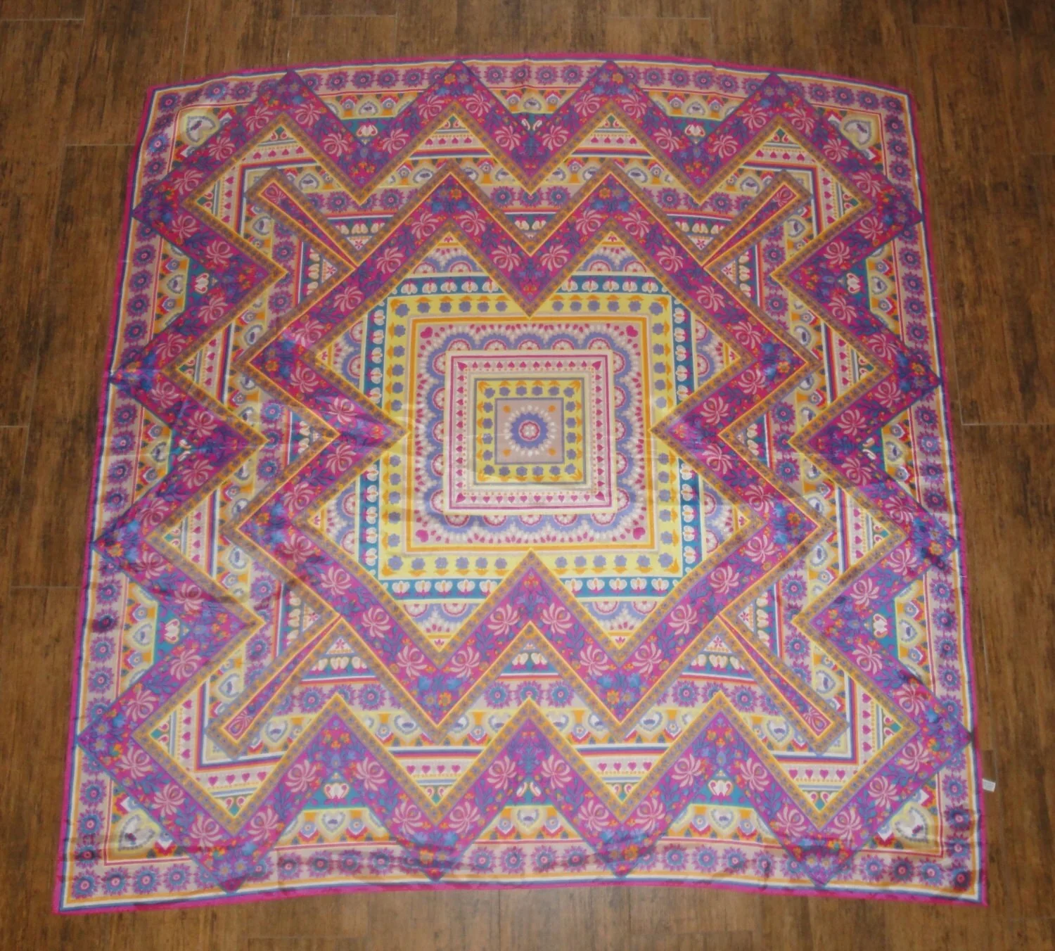 Vintage 43 Inch Square Scarf Floral Fantasy In Lively Pastels, Large Acetate Square, Rolled and Hemmed Edges, Made In Japan, Bonus Brooch - Image 2