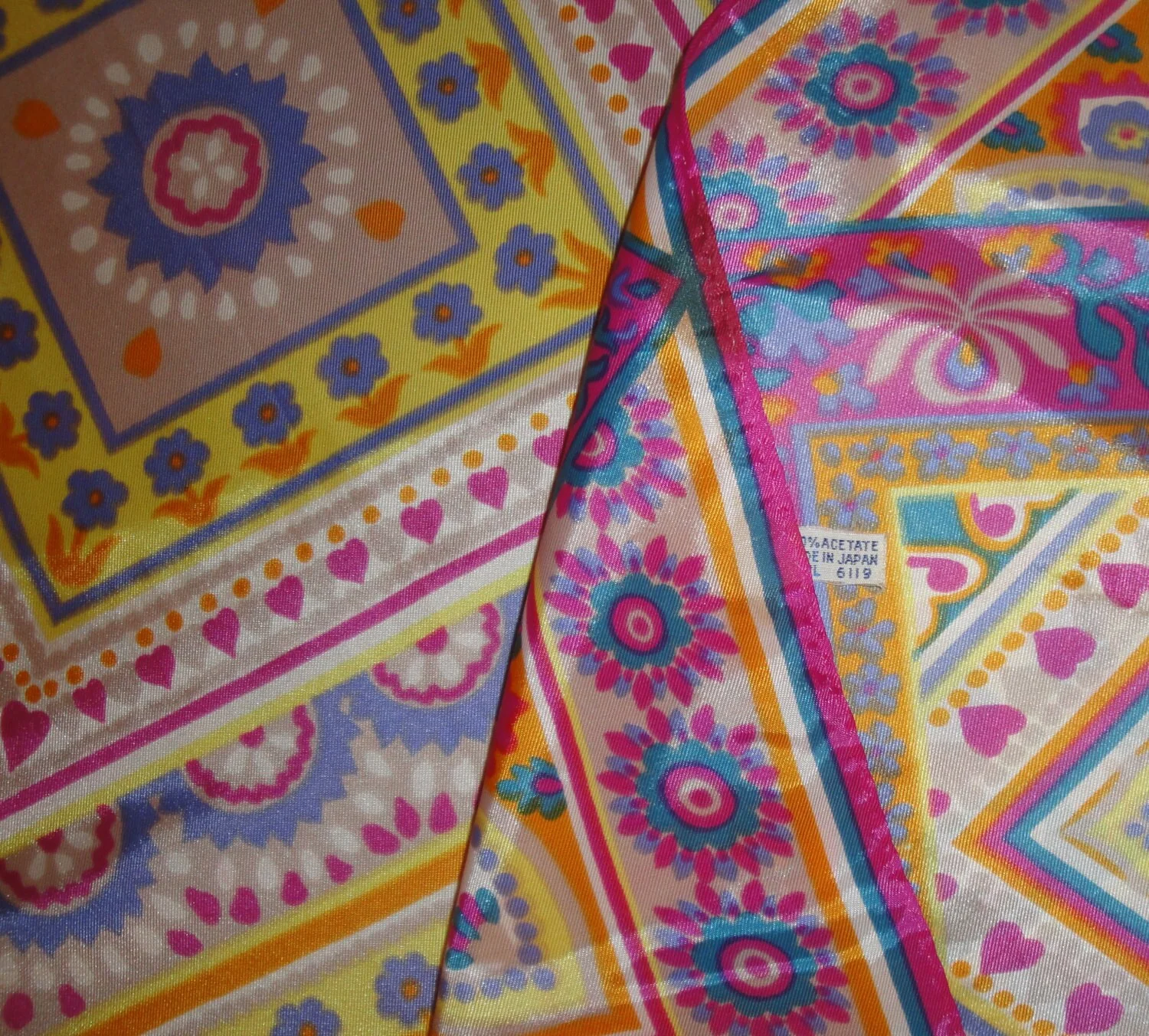 Vintage 43 Inch Square Scarf Floral Fantasy In Lively Pastels, Large Acetate Square, Rolled and Hemmed Edges, Made In Japan, Bonus Brooch - Image 3