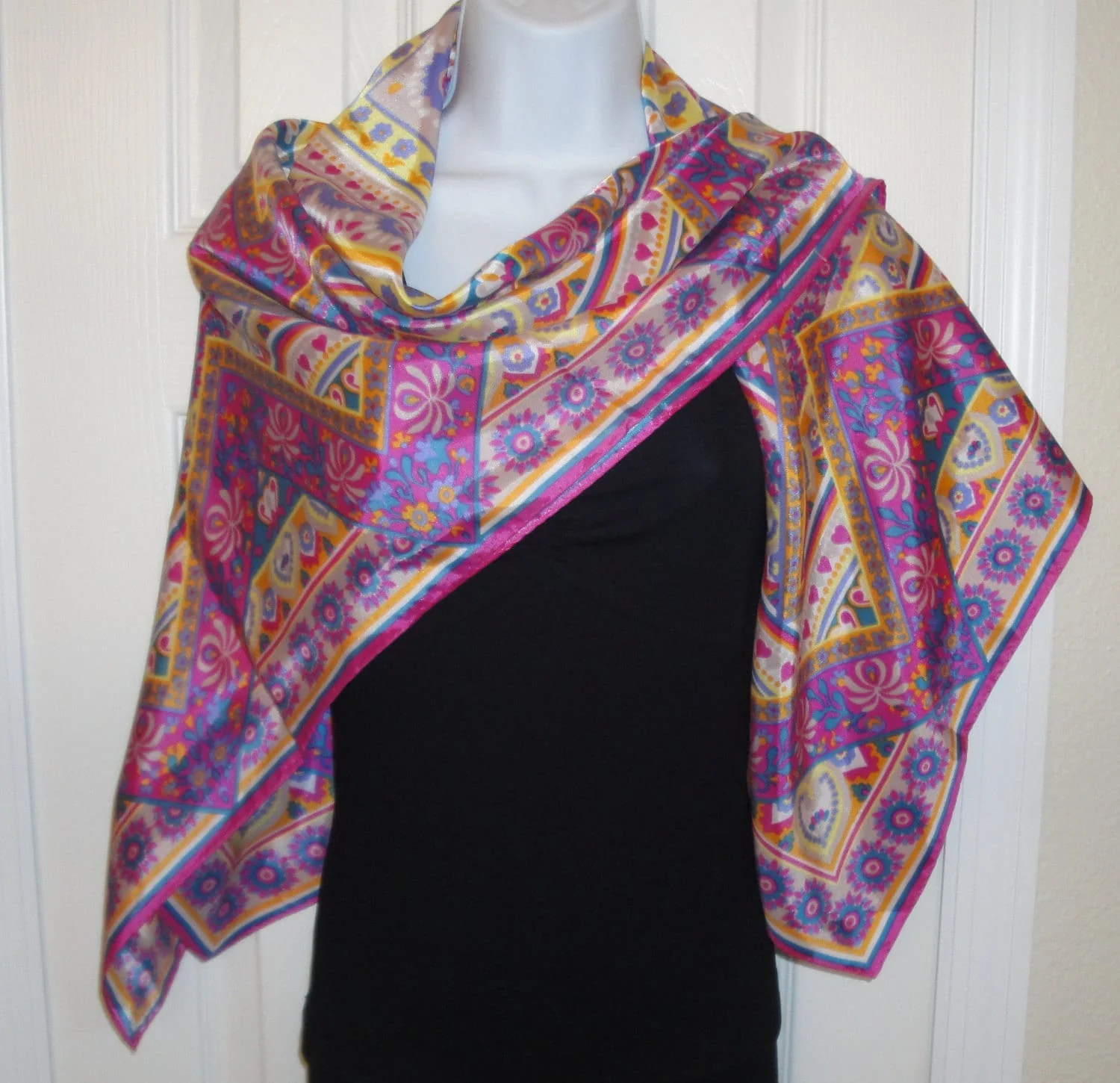 Vintage 43 Inch Square Scarf Floral Fantasy In Lively Pastels, Large Acetate Square, Rolled and Hemmed Edges, Made In Japan, Bonus Brooch - Image 4