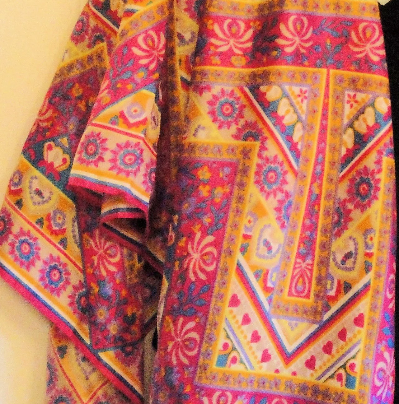 Vintage 43 Inch Square Scarf Floral Fantasy In Lively Pastels, Large Acetate Square, Rolled and Hemmed Edges, Made In Japan, Bonus Brooch - Image 5