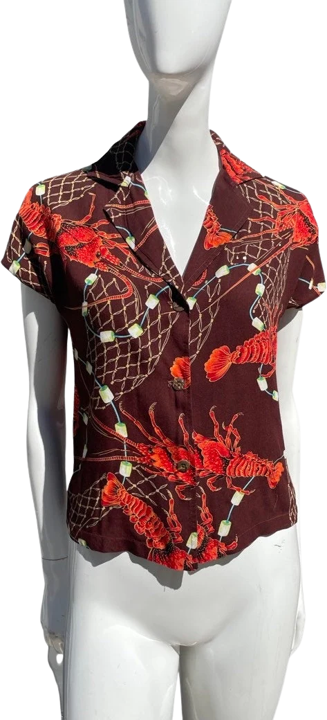 Vintage 50-60s Hawaiian Shirt Blouse Women's Size Xs Lobster and Net Novelty Print Rayon Rockabilly Aloha Shirt