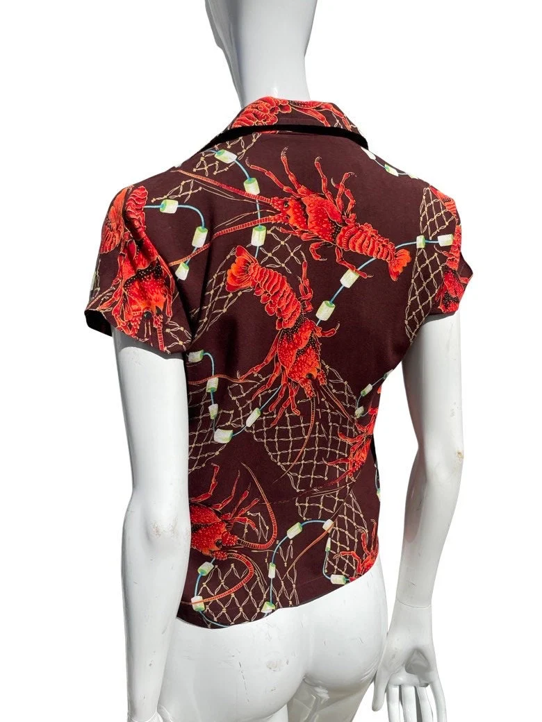 Vintage 50-60s Hawaiian Shirt Blouse Women's Size Xs Lobster and Net Novelty Print Rayon Rockabilly Aloha Shirt - Image 2